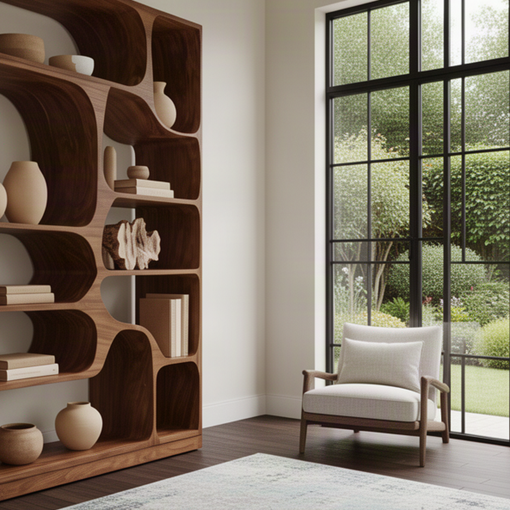 Close-up of Calyra sculptural wood bookcase showing its curved open display shelves and natural solid wood grain