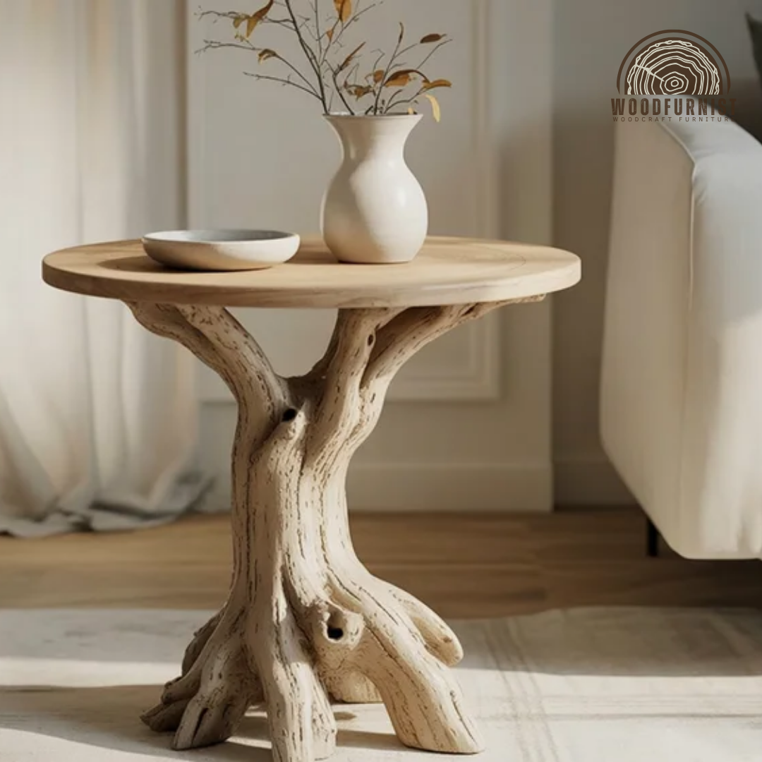 Driftwood Round Side Table – Natural Wood End Table, Handmade Tree Trunk Base, Rustic Organic Furniture WFNED0137