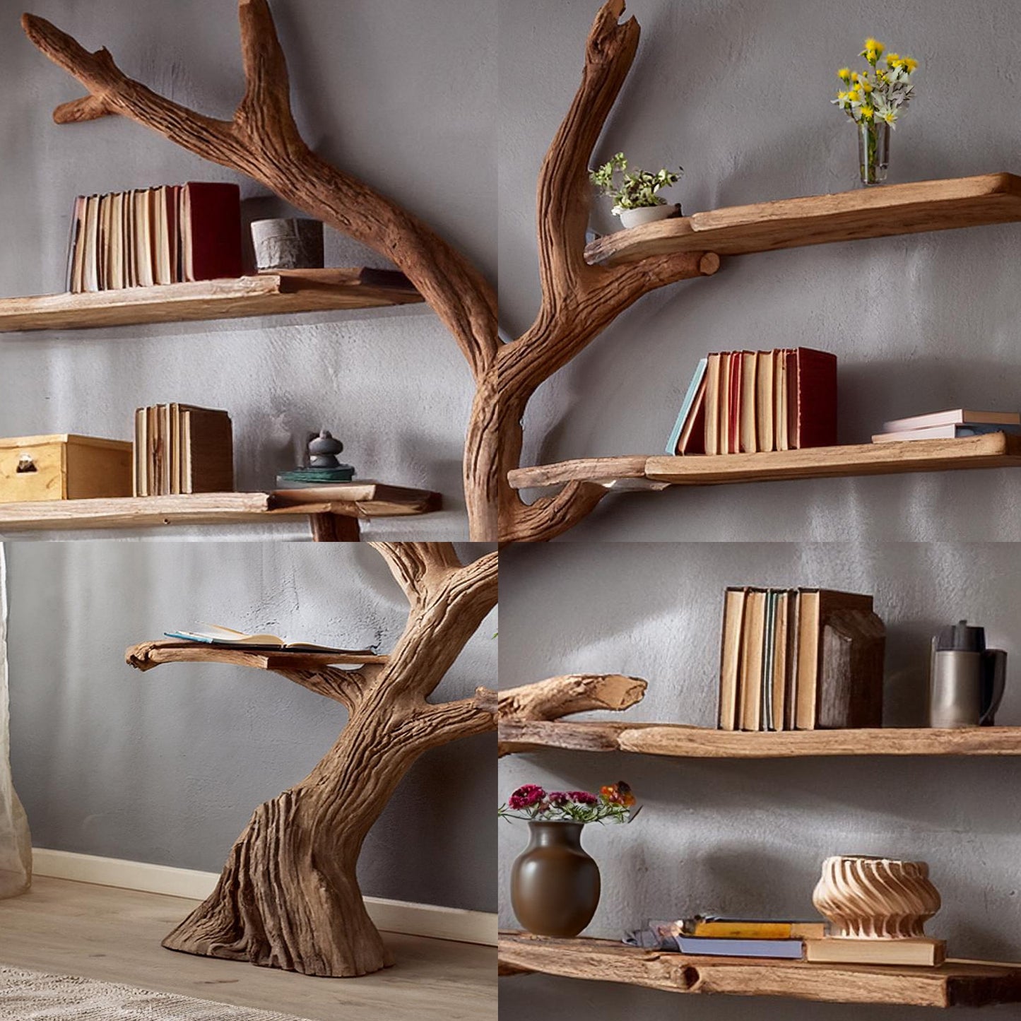Tree branch bookshelf decor carving floating bookshelf wall mount