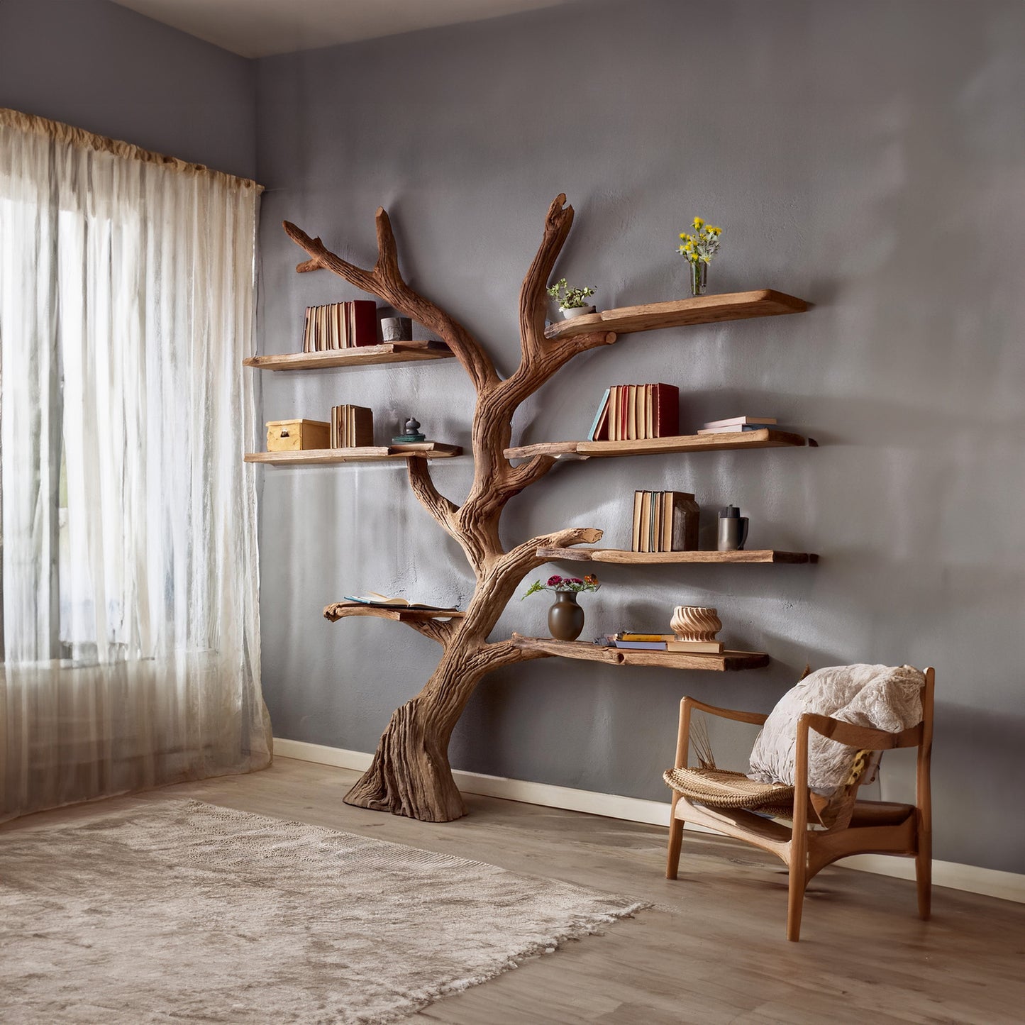 Tree branch bookshelf decor carving floating bookshelf wall mount