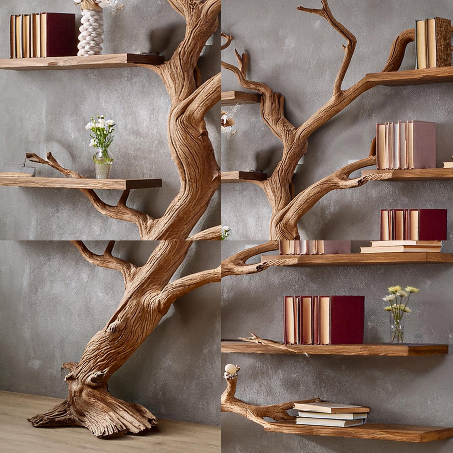 Natural tree branch bookshelf driftwood shelf art solid wood