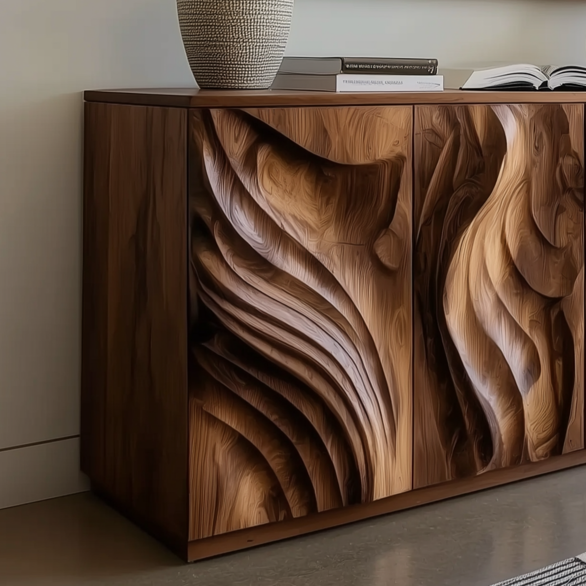 Close-up of Dunewood Sculptural Wood Sideboard showing its dune-like hand-carved front and natural grain