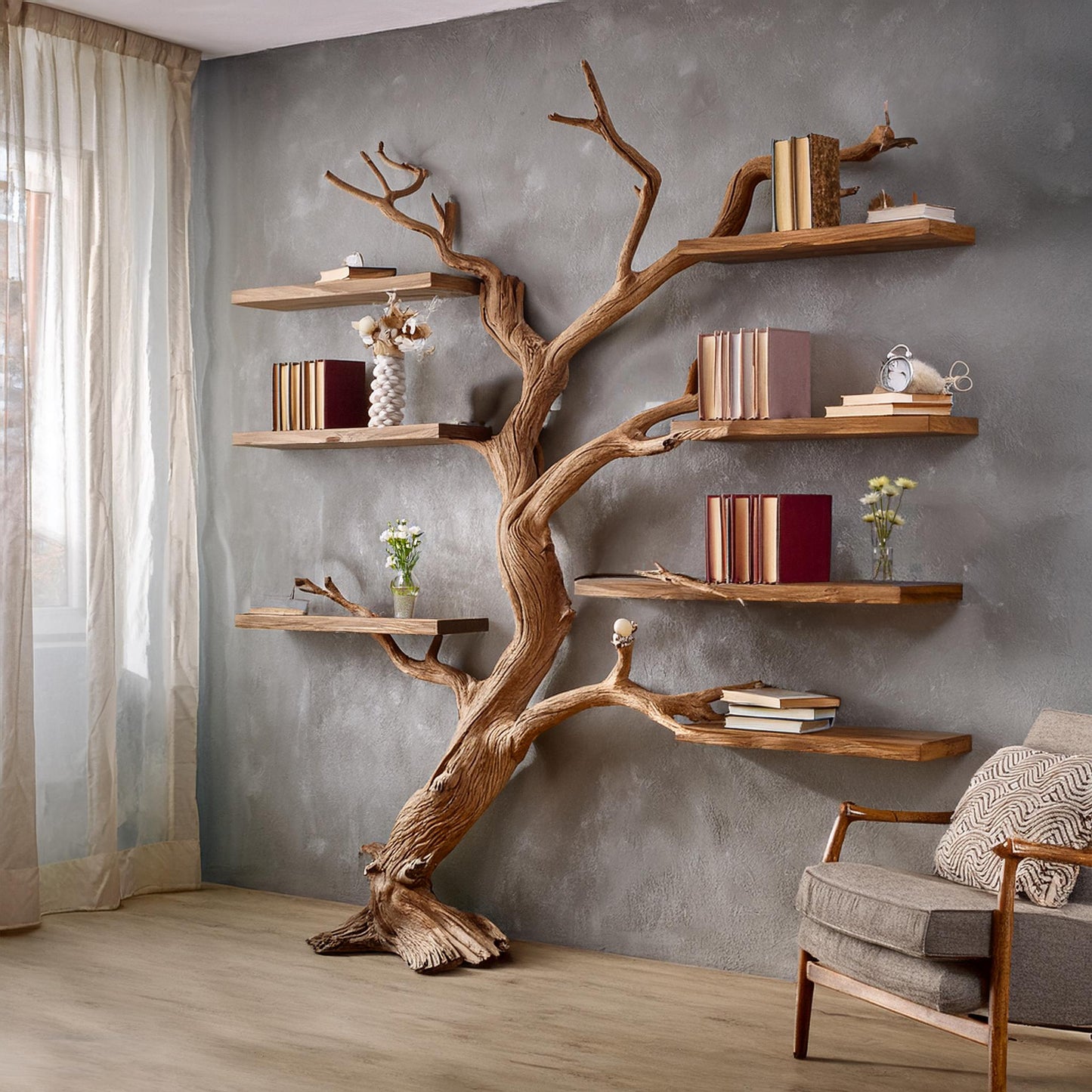 Natural tree branch bookshelf driftwood shelf art solid wood