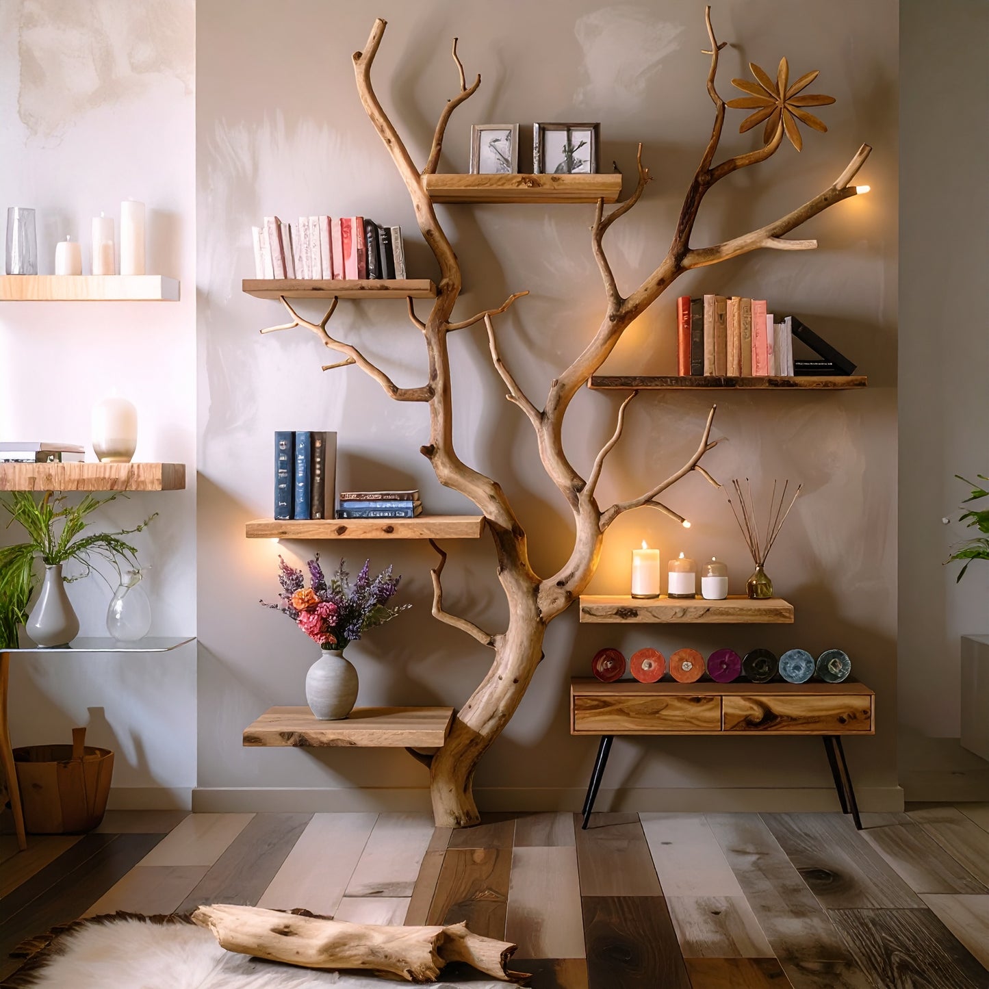 Driftwood shelf art wall mount tree branch bookshelf solid wood bookcase home decor