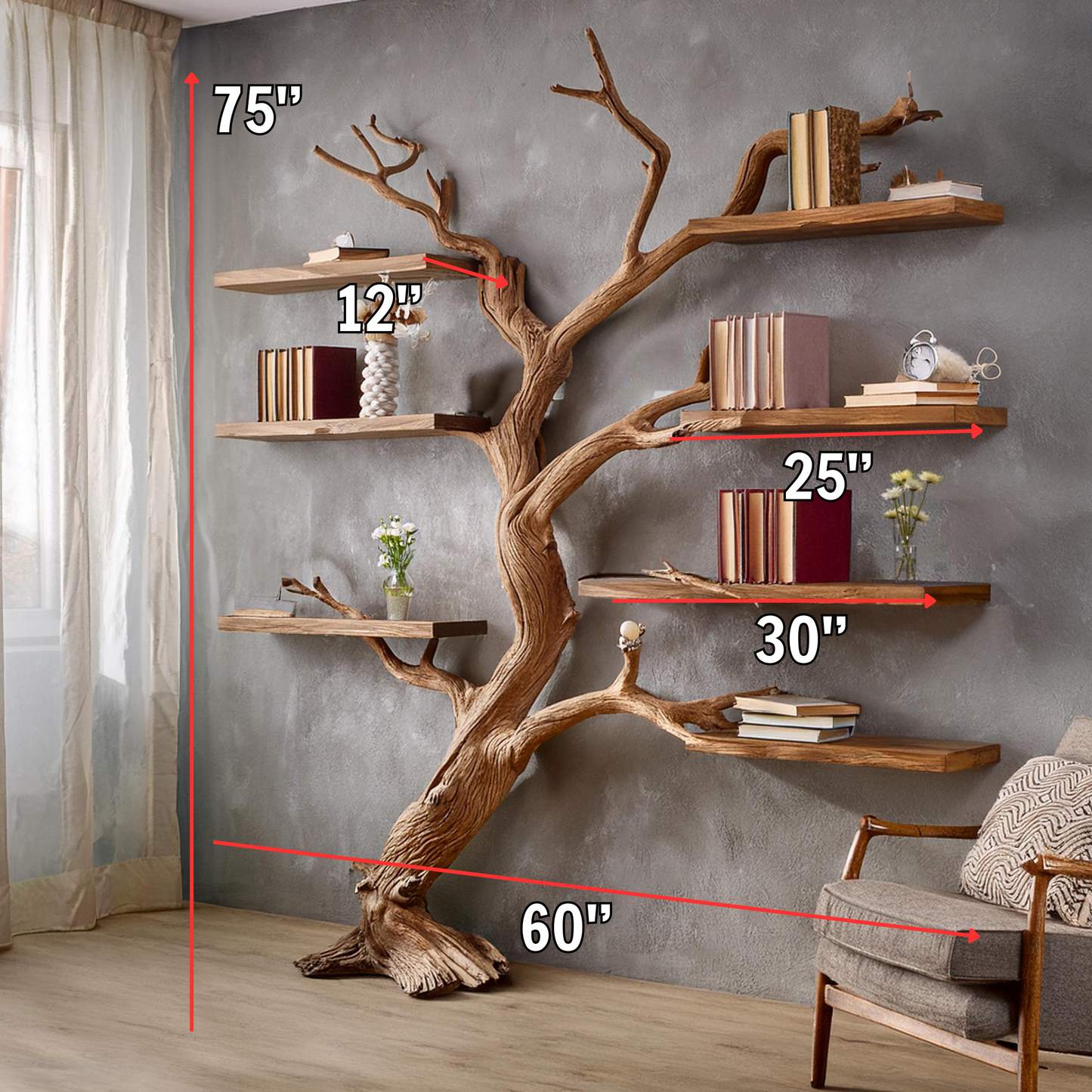 Natural tree branch bookshelf driftwood shelf art solid wood