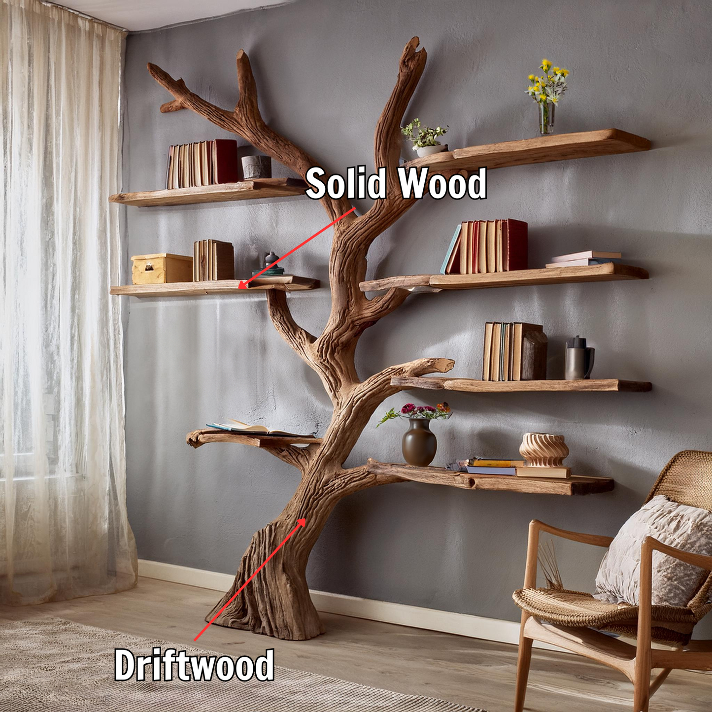 Tree branch bookshelf decor carving floating bookshelf wall mount