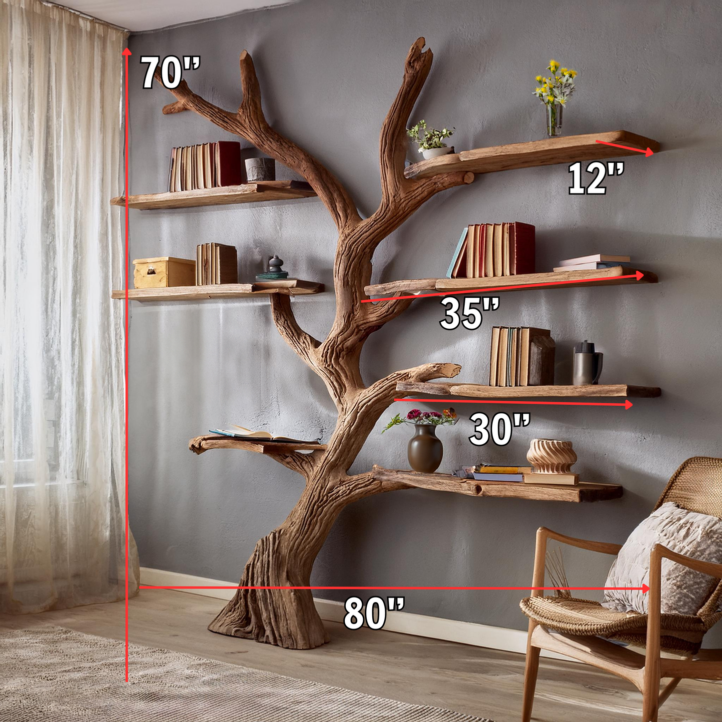 Tree branch bookshelf decor carving floating bookshelf wall mount