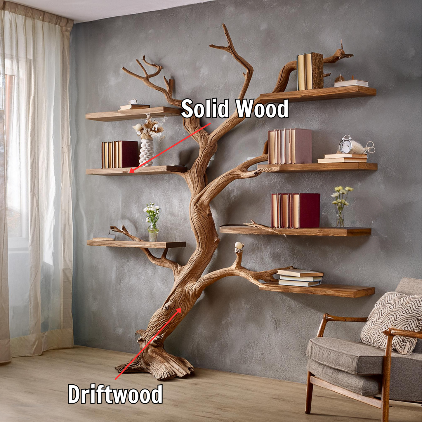 Natural tree branch bookshelf driftwood shelf art solid wood