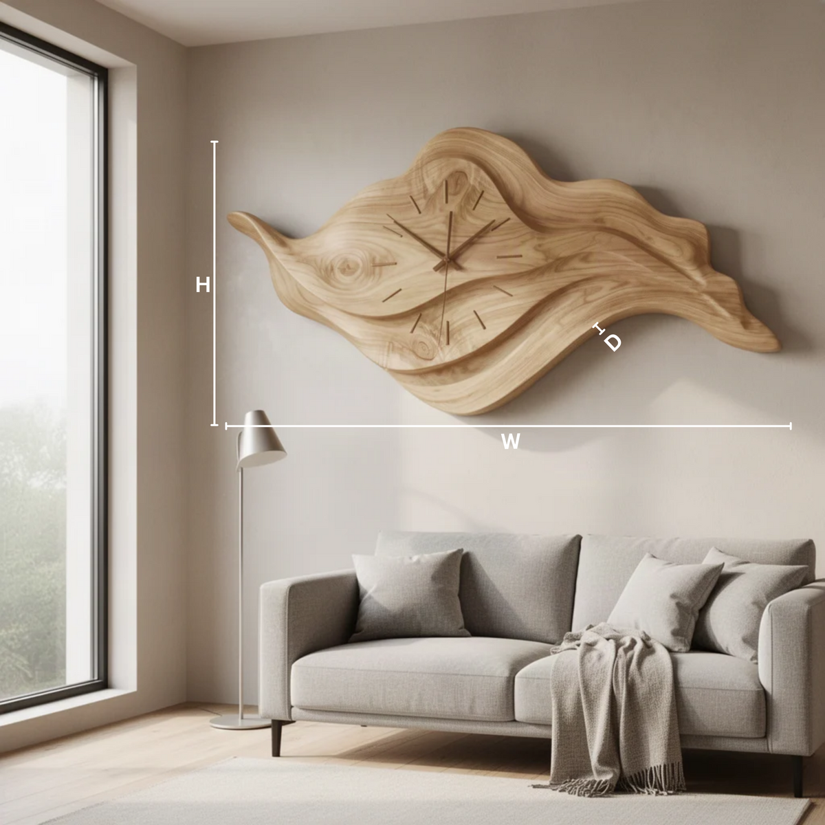 Driftime sculptural wood wall clock dimensions diagram showing width, height and depth above a living room sofa