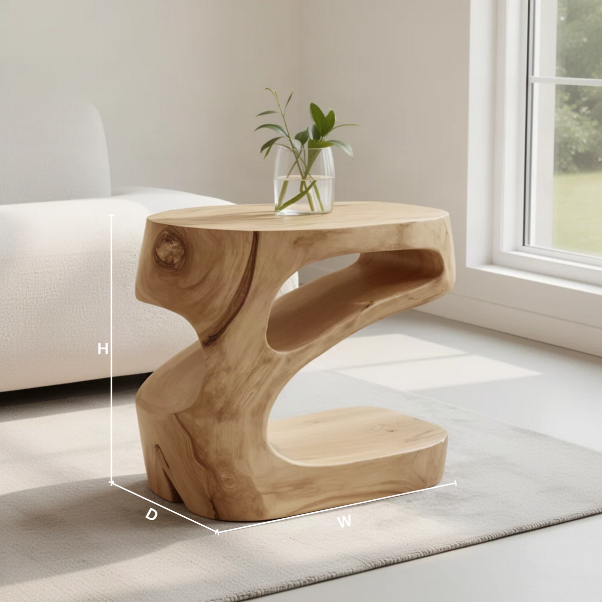 Zephyra sculptural wood side table dimensions diagram showing width, height and depth of the carved end table