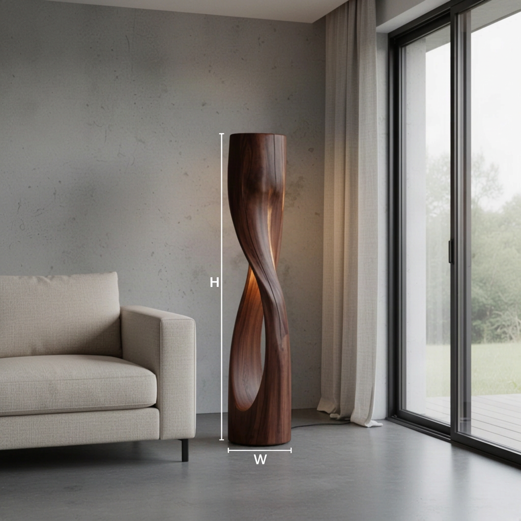Torsiva sculptural wood floor lamp dimensions diagram showing the height and width of each available size