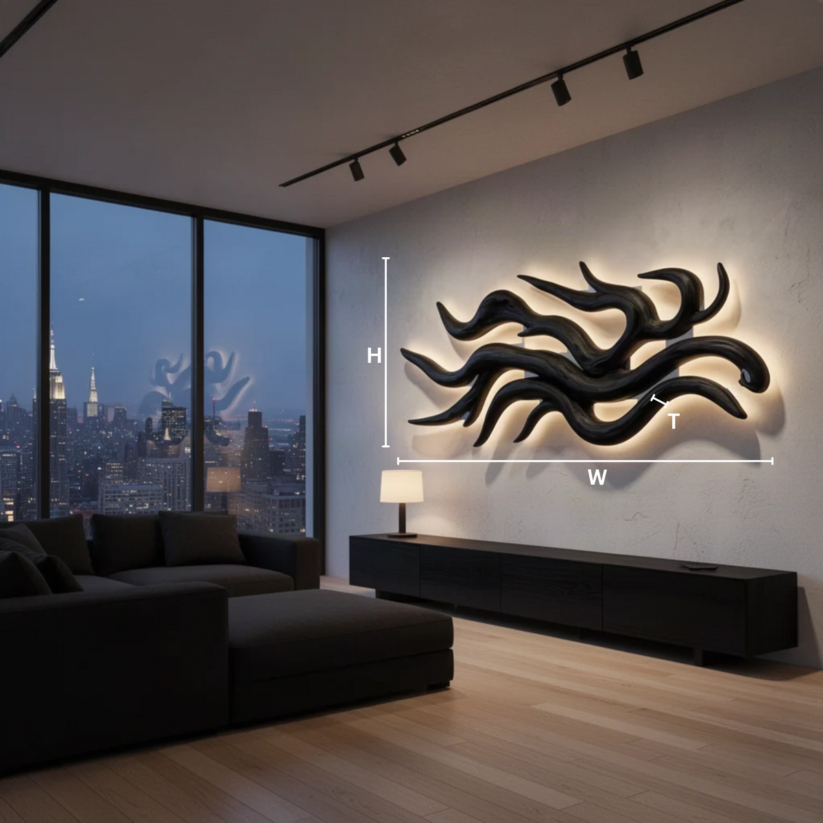 Solvane sculptural wood wall art dimensions diagram showing width, height and depth of the branch sculpture