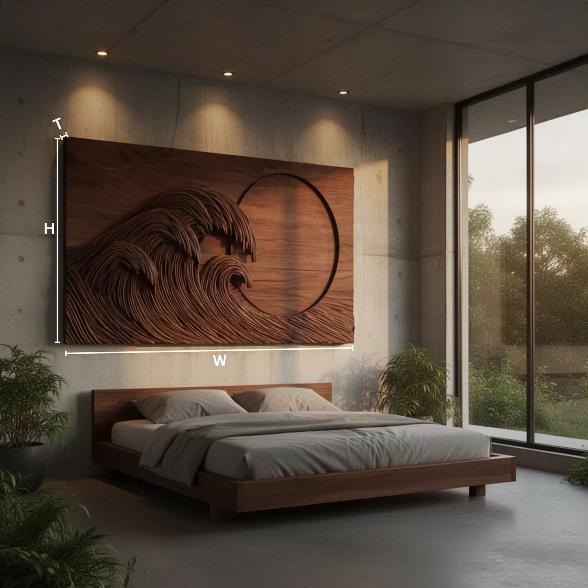 Tsunara sculptural wood wall art dimensions diagram showing width, height and thickness of each size