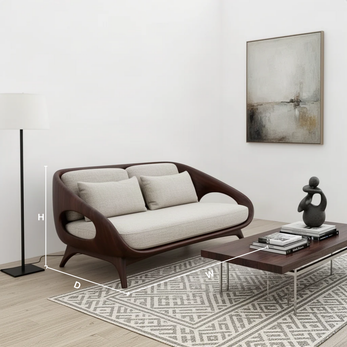 Oselle sculptural wood sofa dimensions diagram showing width, height and 25 inch depth for each size