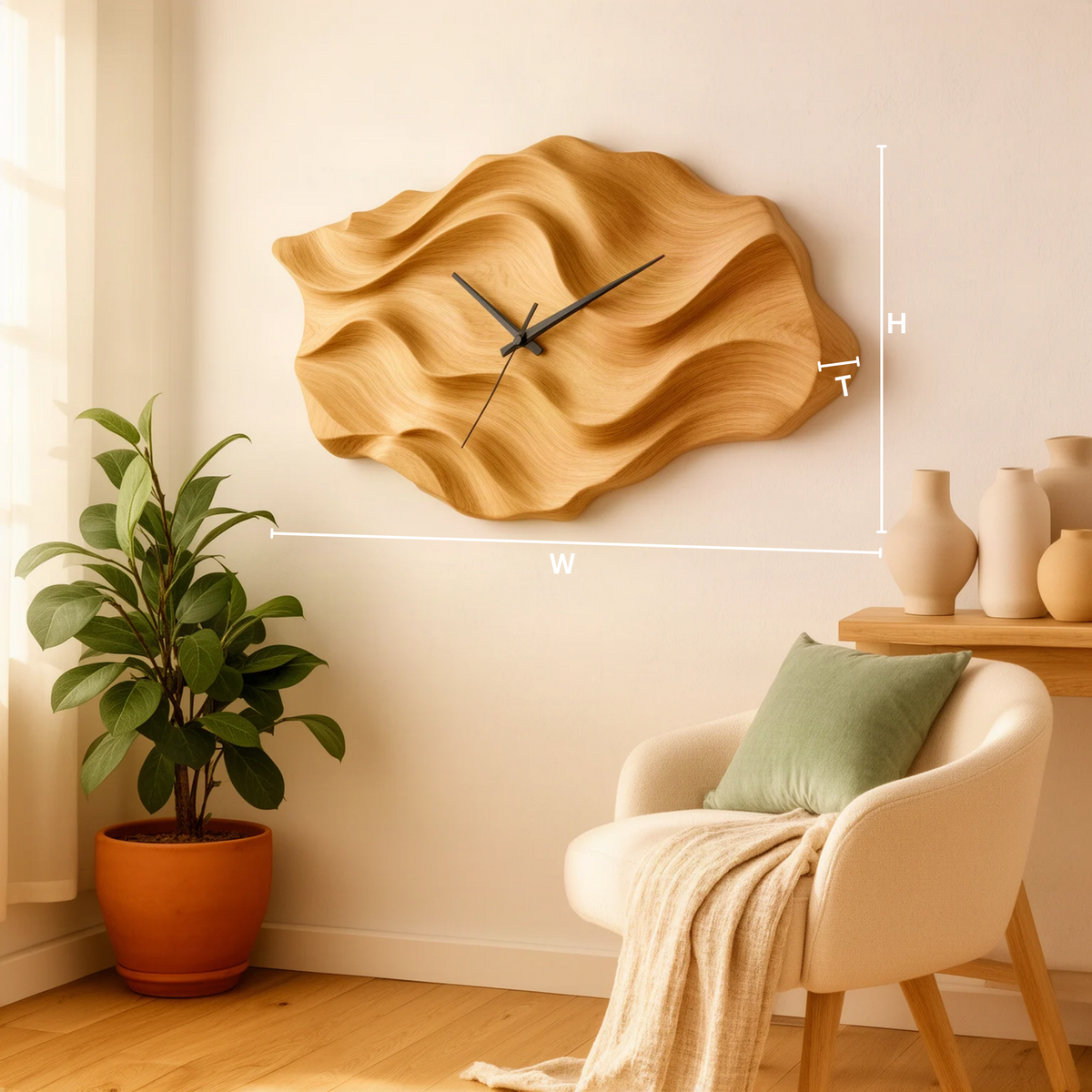 Dunessa sculptural wood wall clock dimensions diagram showing width, height and thickness for each size