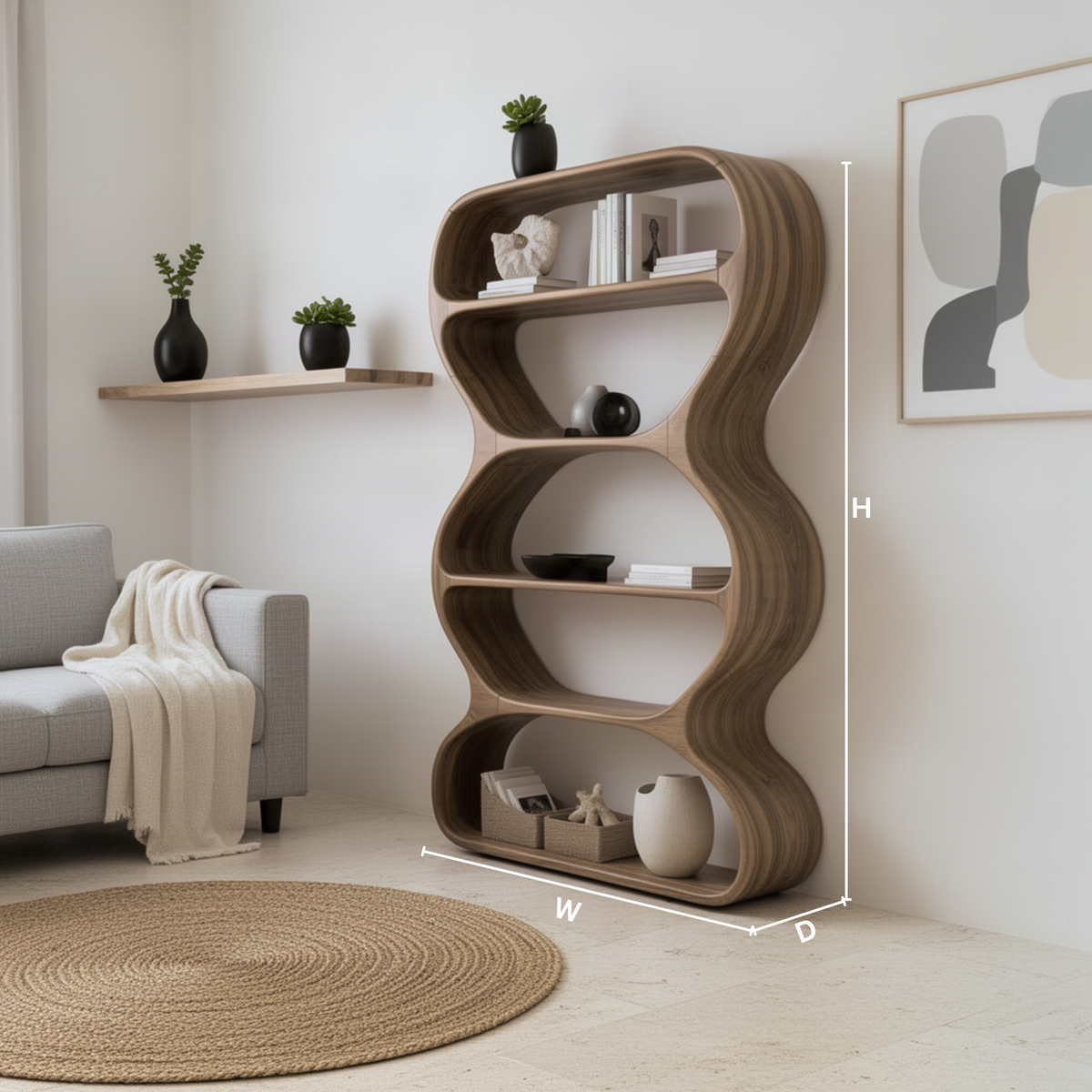 Meandra sculptural wood bookshelf dimension guide showing height, width and depth to choose the right size