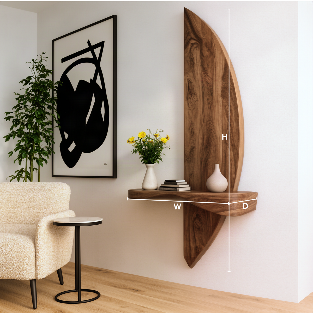 Crescia sculptural wood wall shelf dimension guide showing width, height and depth of the crescent panel shelf