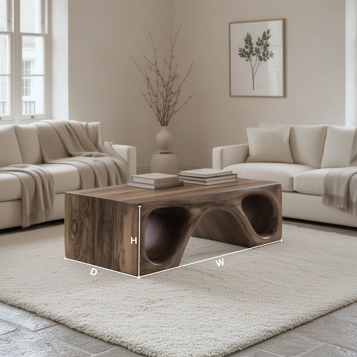 Cavora sculptural wood coffee table dimension guide showing width, depth and height of the block table