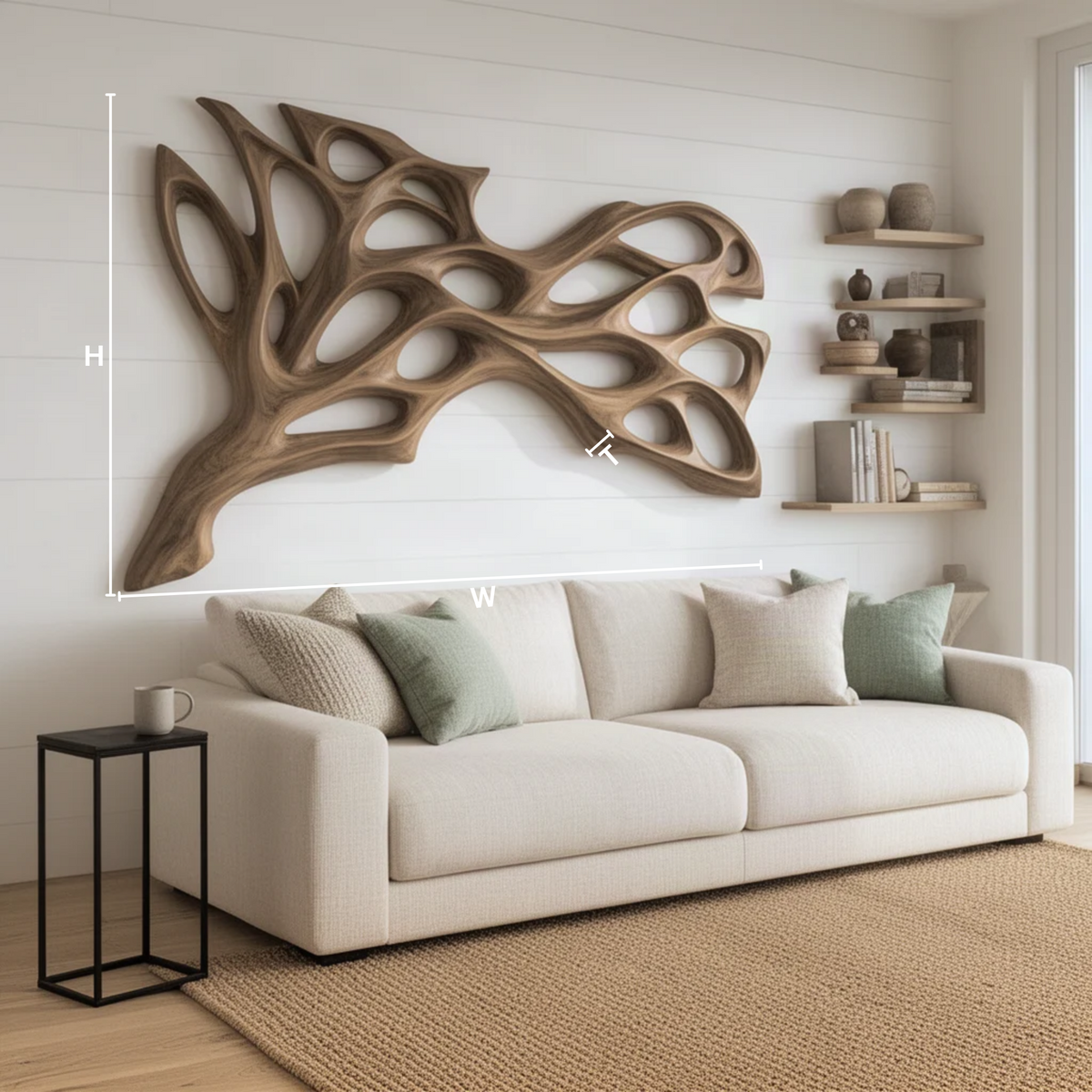 Nervora sculptural wood wall art dimension guide showing width, height and depth of the openwork panel