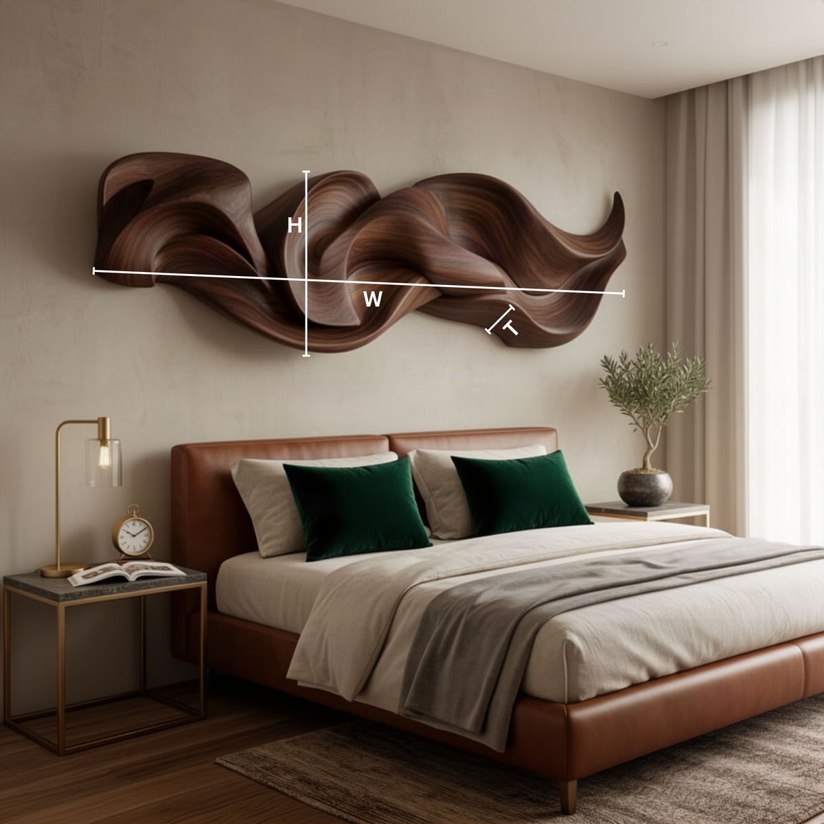 Drapella sculptural wood wall art dimension guide showing width, height and depth above a bed