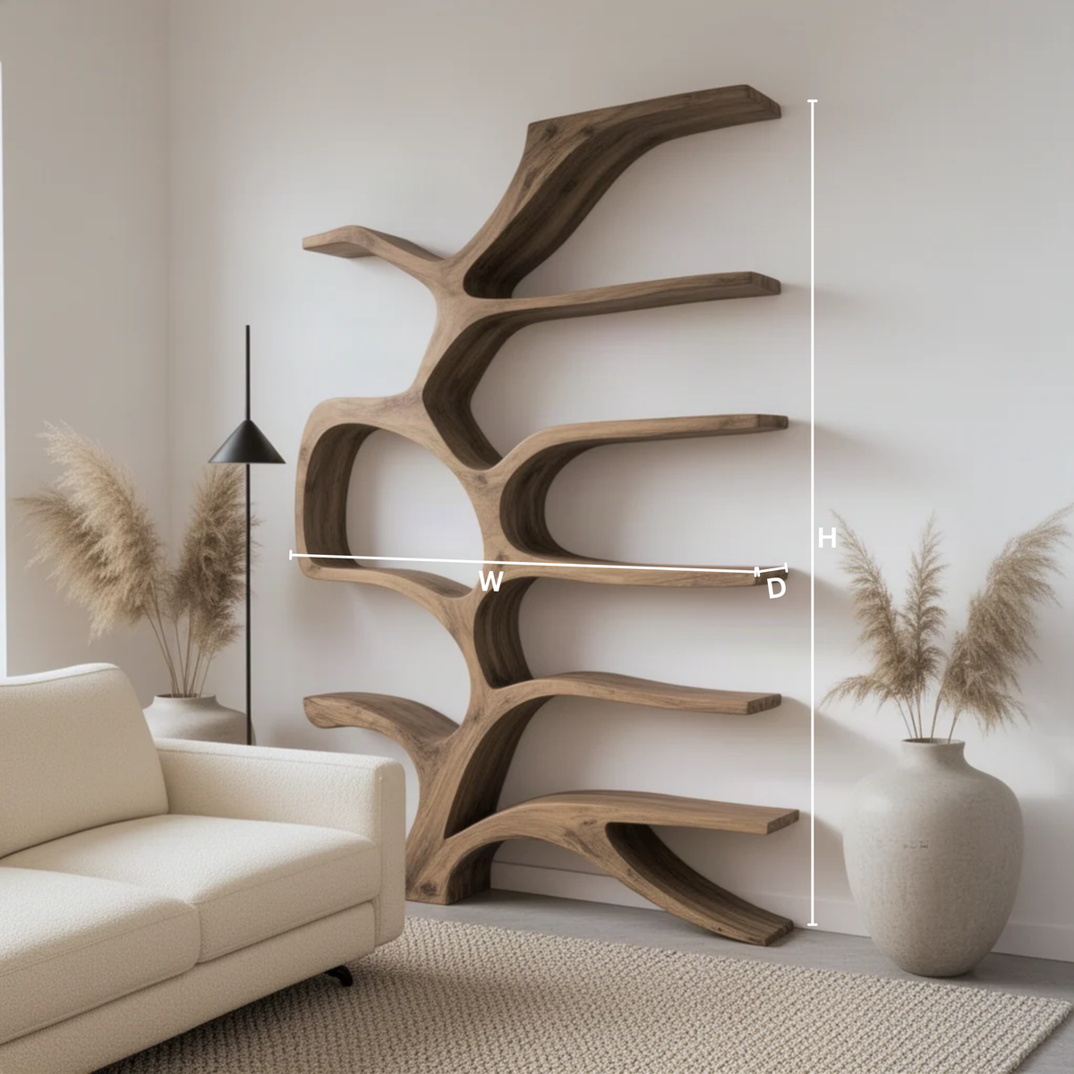 Ramora sculptural wood tree bookshelf dimension guide showing height, width and depth of the shelf