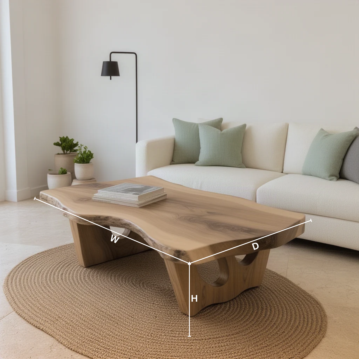 Pontara live edge wood coffee table dimension guide showing width, depth and height of the table