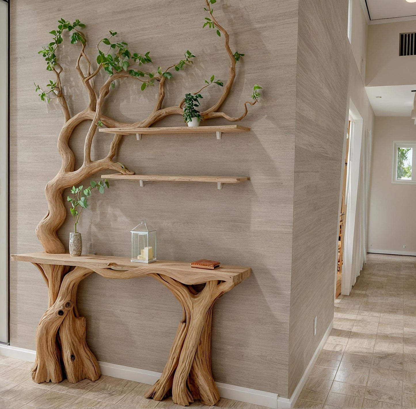 Console narrow table with tree branch bookshelf, Live edge table entryway