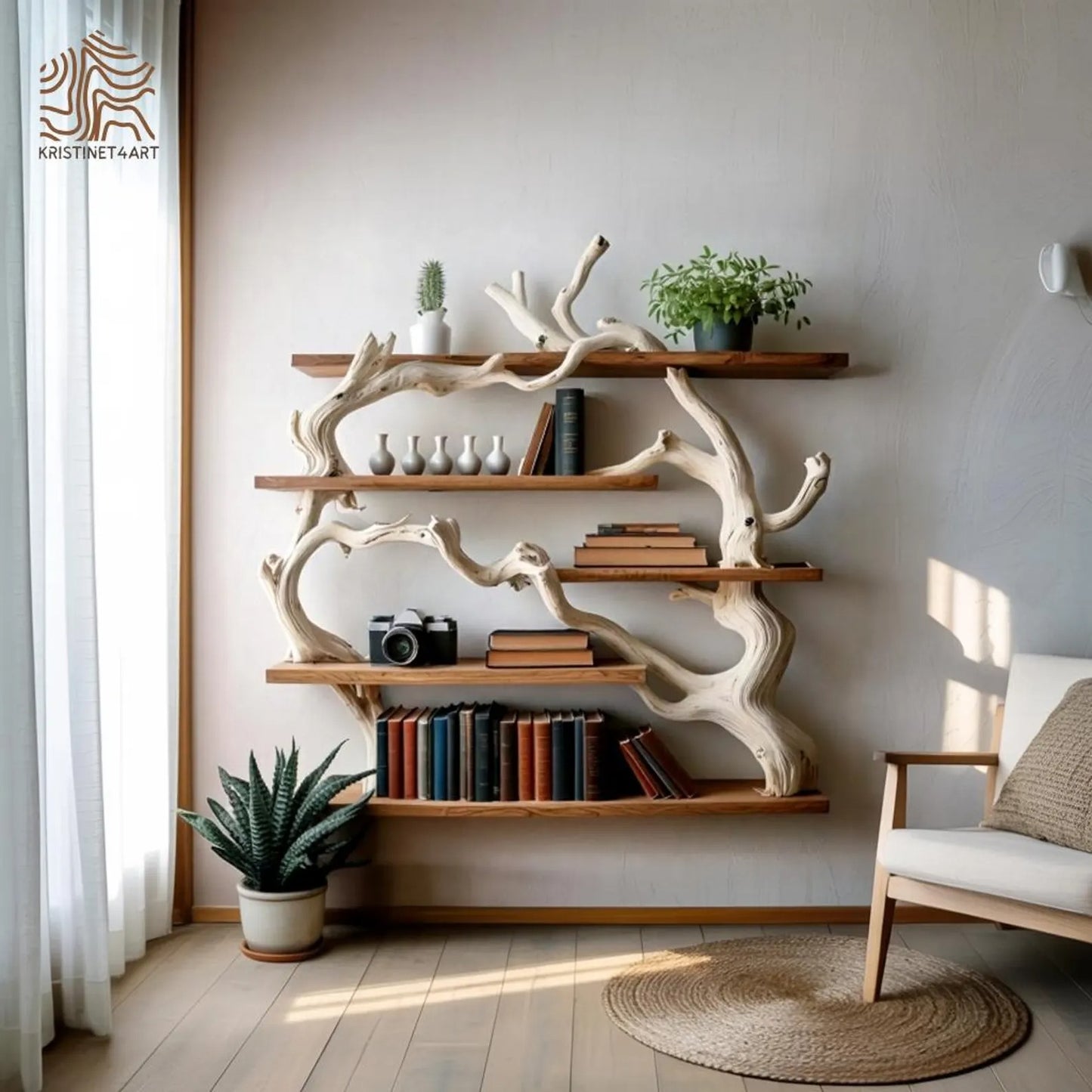 Handcrafted Driftwood Tree Live Edge Shelf, Natural Wooden Shelving Unit