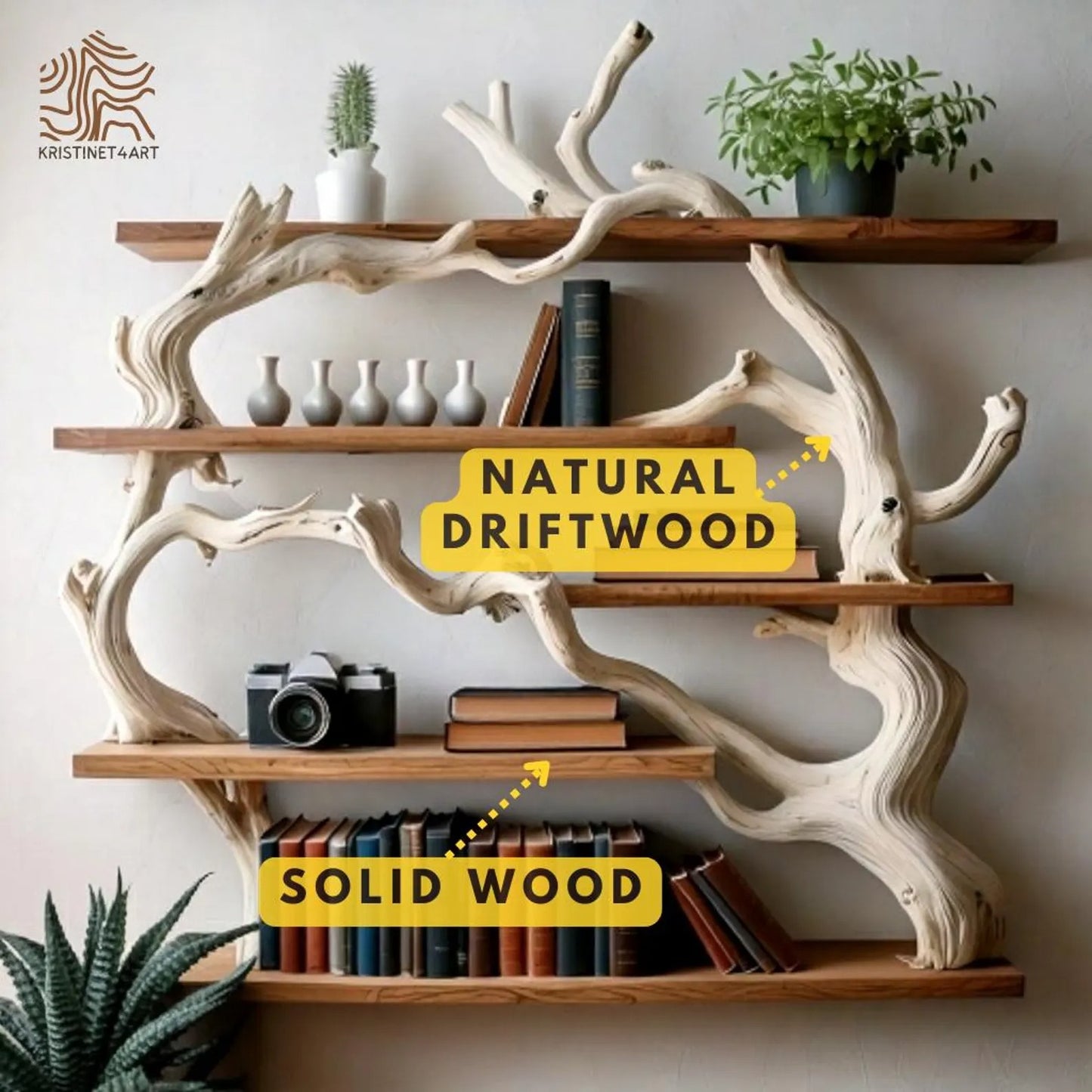 Handcrafted Driftwood Tree Live Edge Shelf, Natural Wooden Shelving Unit