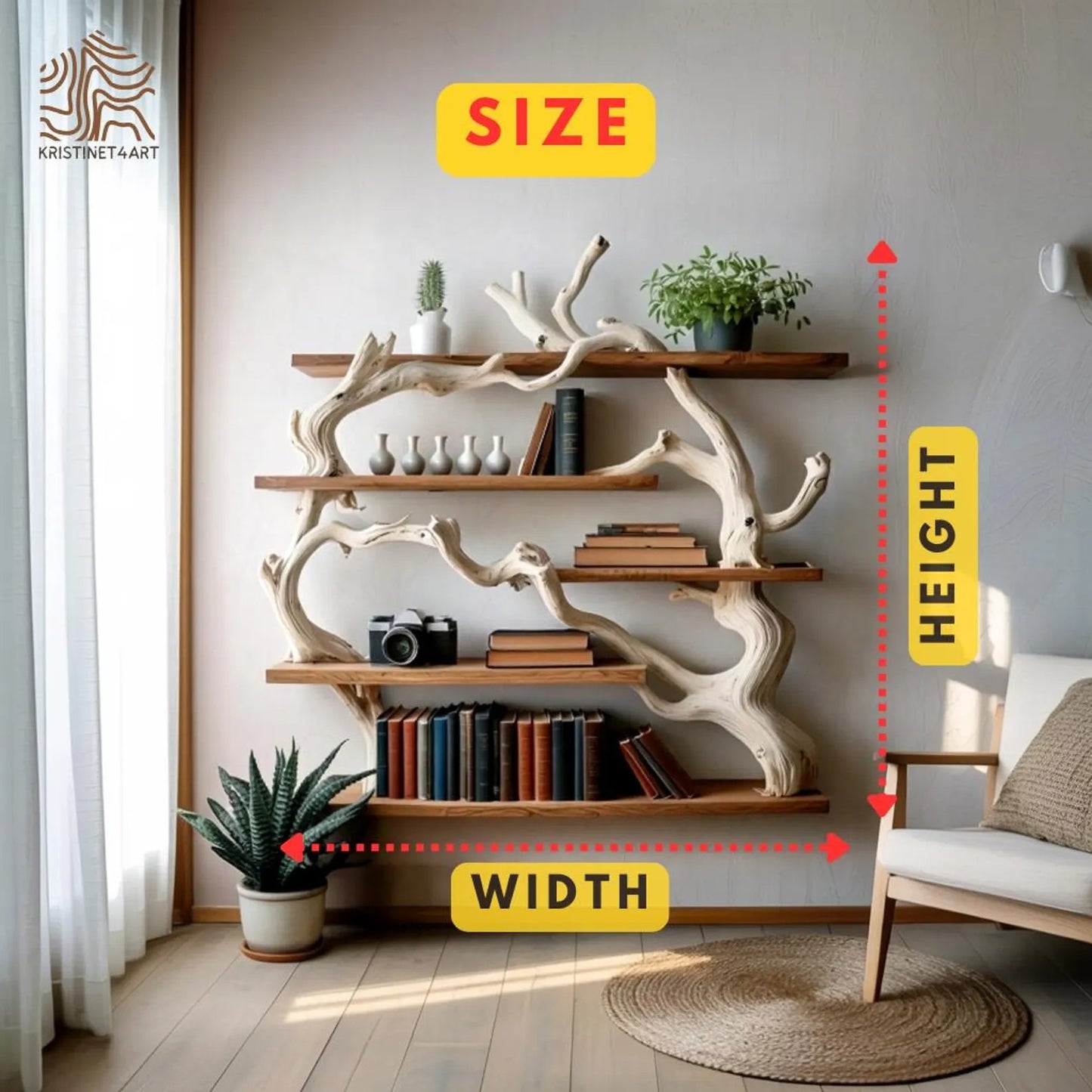 Handcrafted Driftwood Tree Live Edge Shelf, Natural Wooden Shelving Unit