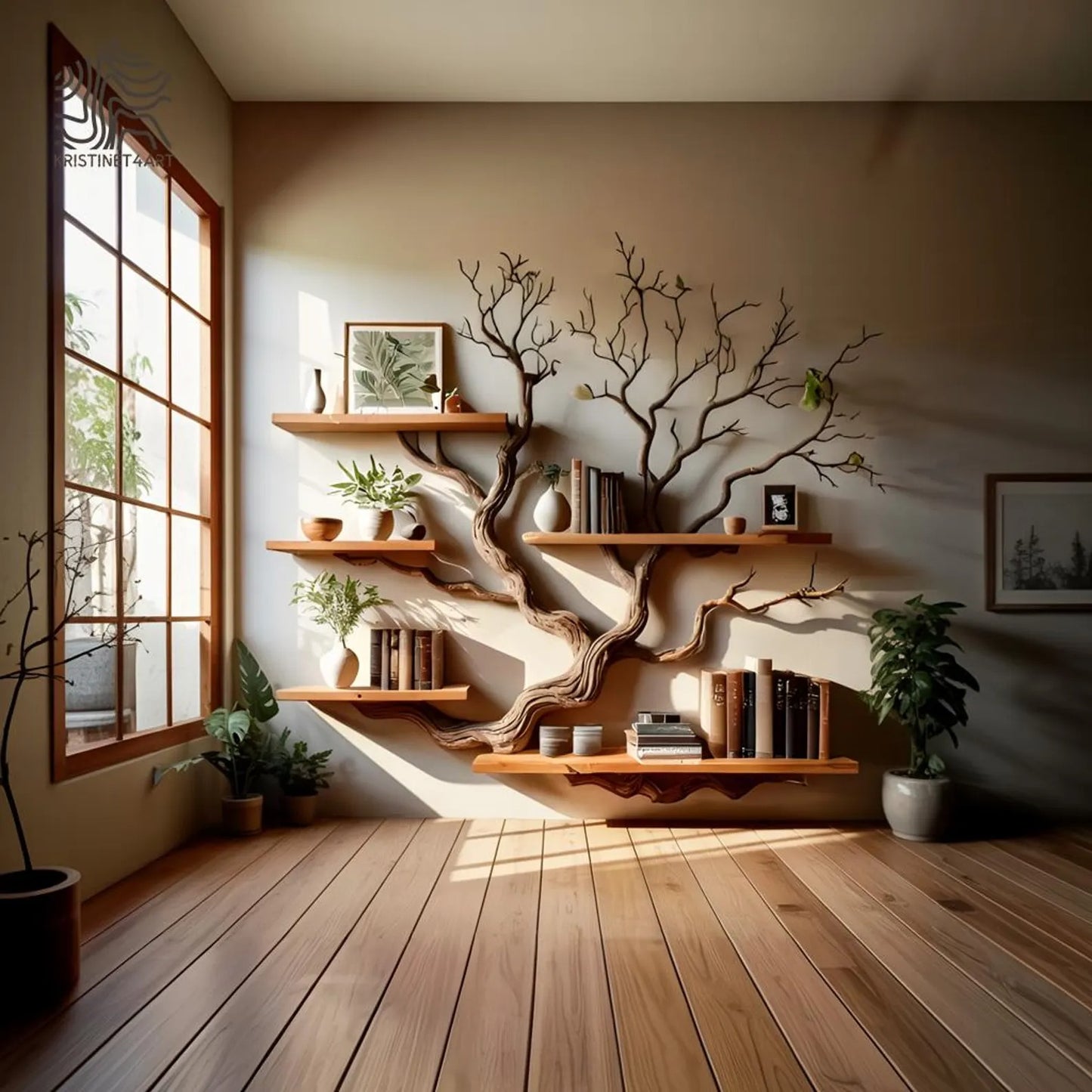 Solid Driftwood Branch Tree Wall Bookshelf, Rustic Floating Shelf Art