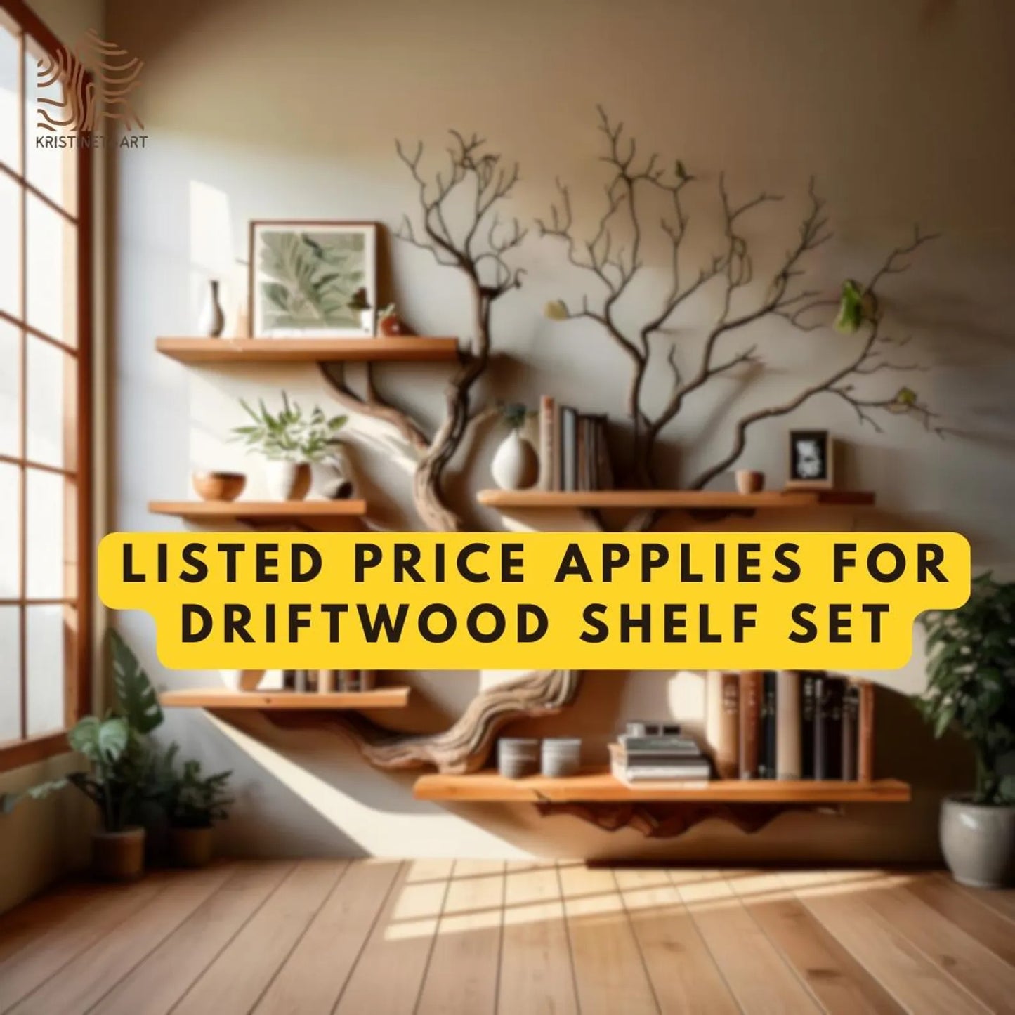 Solid Driftwood Branch Tree Wall Bookshelf, Rustic Floating Shelf Art
