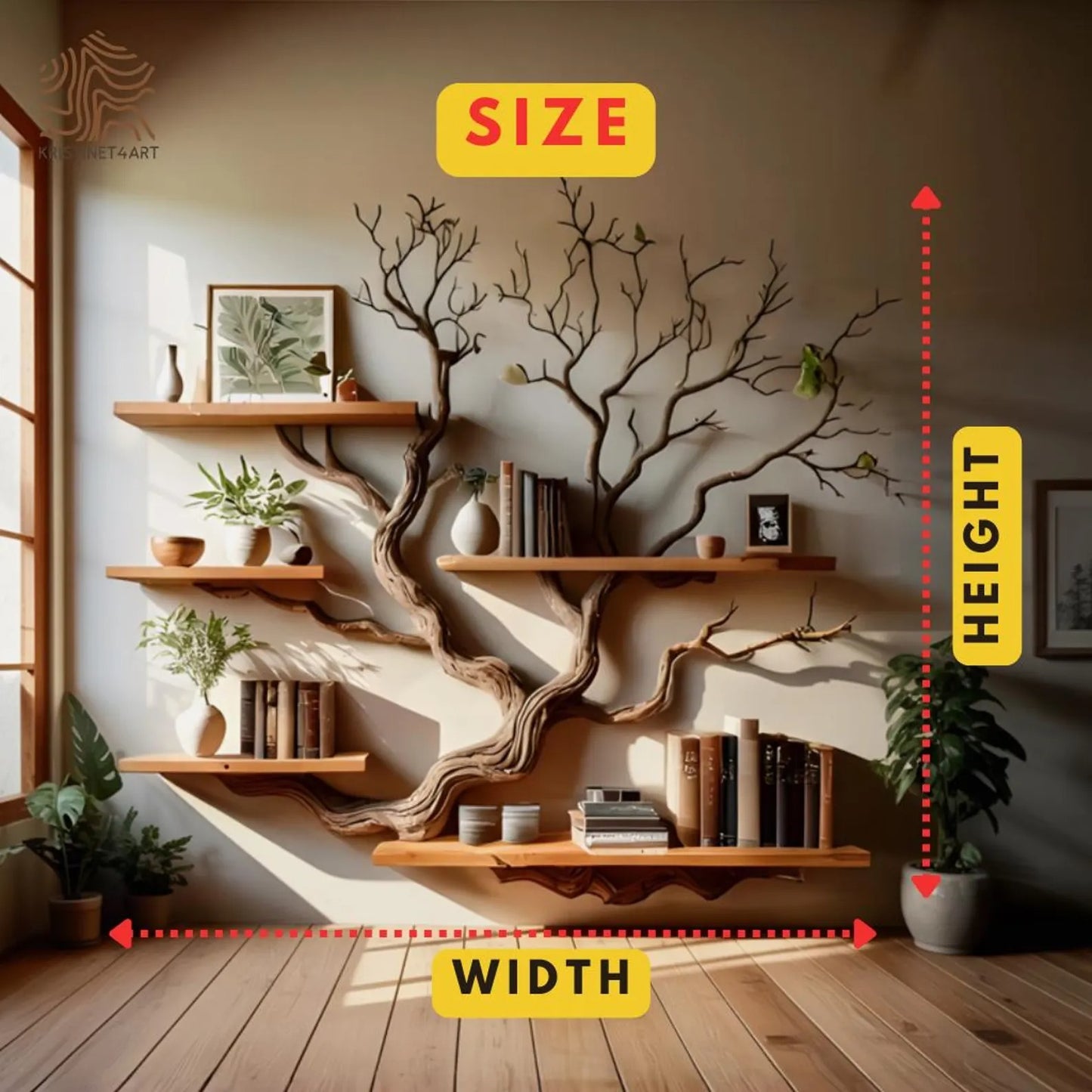 Solid Driftwood Branch Tree Wall Bookshelf, Rustic Floating Shelf Art
