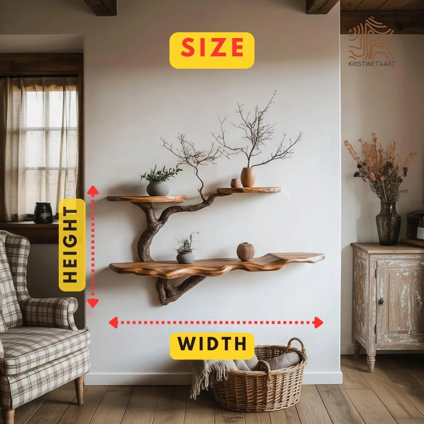 Custom Size Live Edge Tree Branch Wooden Shelves, Handmade Natural Wall Art Shelf