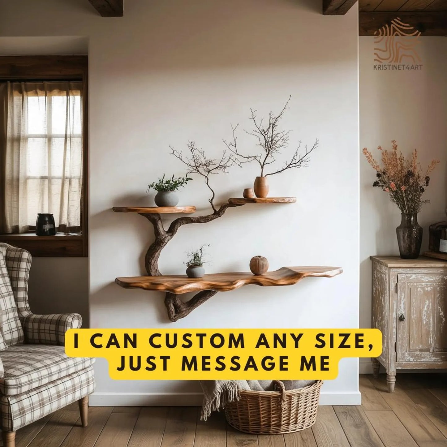 Custom Size Live Edge Tree Branch Wooden Shelves, Handmade Natural Wall Art Shelf