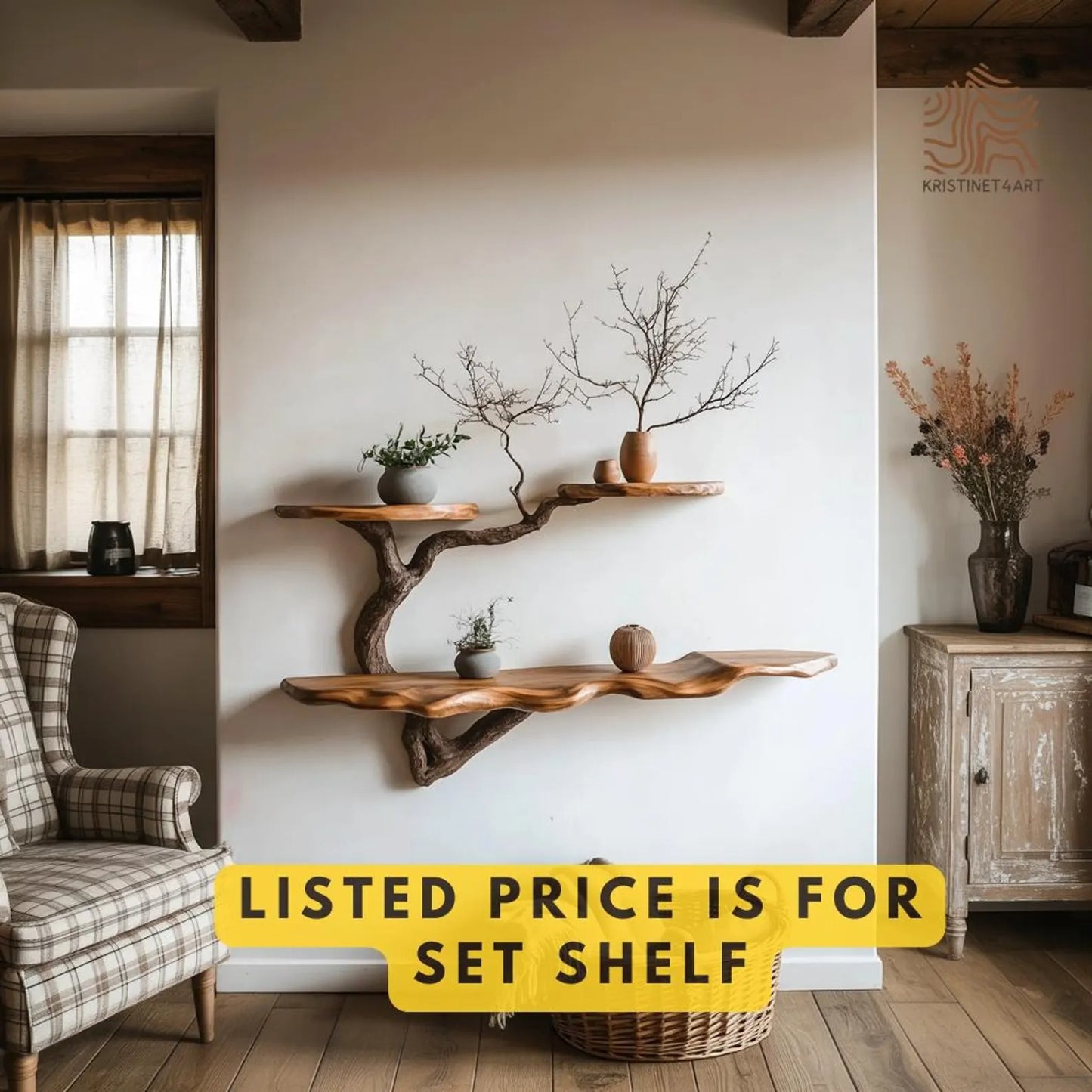 Custom Size Live Edge Tree Branch Wooden Shelves, Handmade Natural Wall Art Shelf