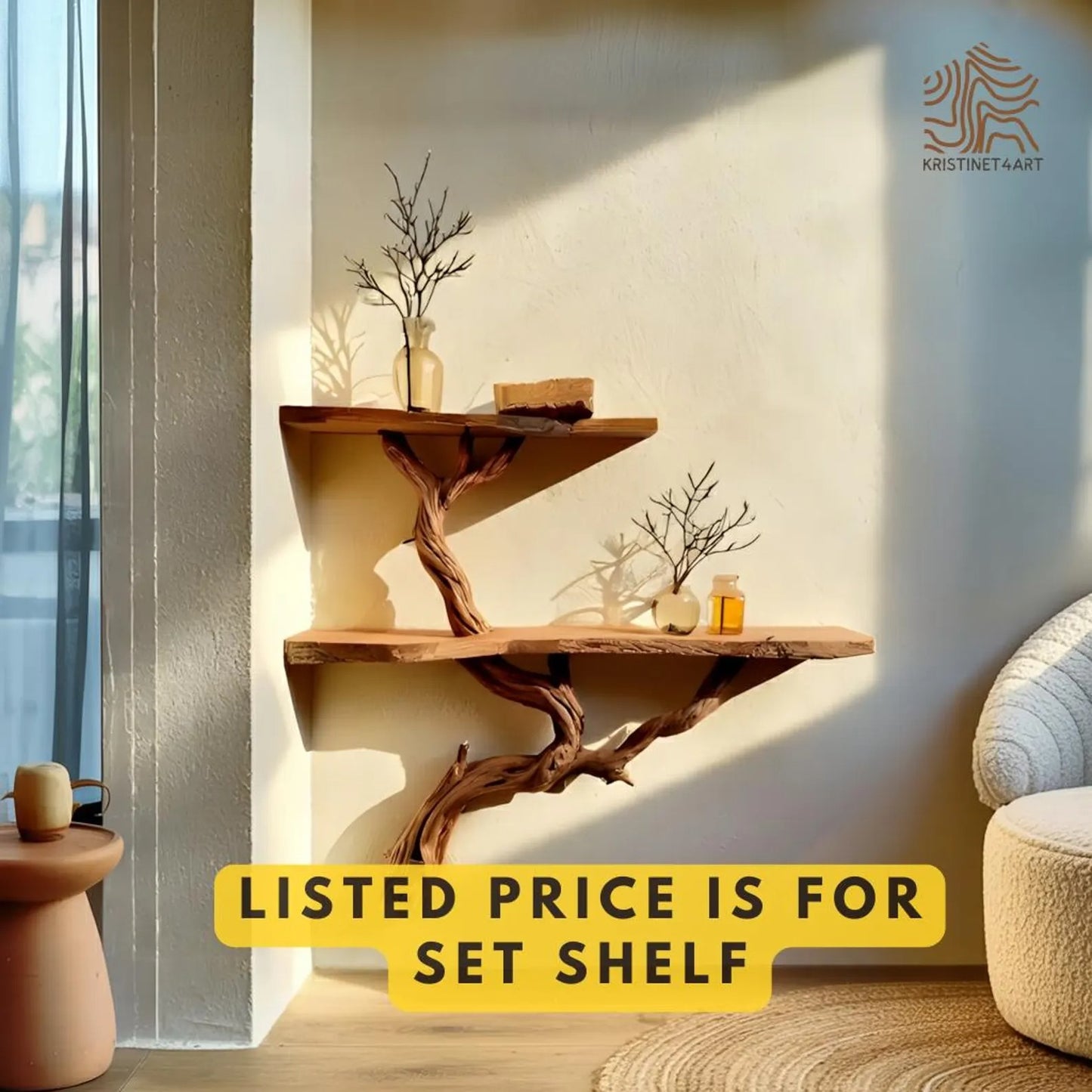 Custom Size Rustic Tree Branch Wall Shelf, Handmade Live Edge Wood Shelves