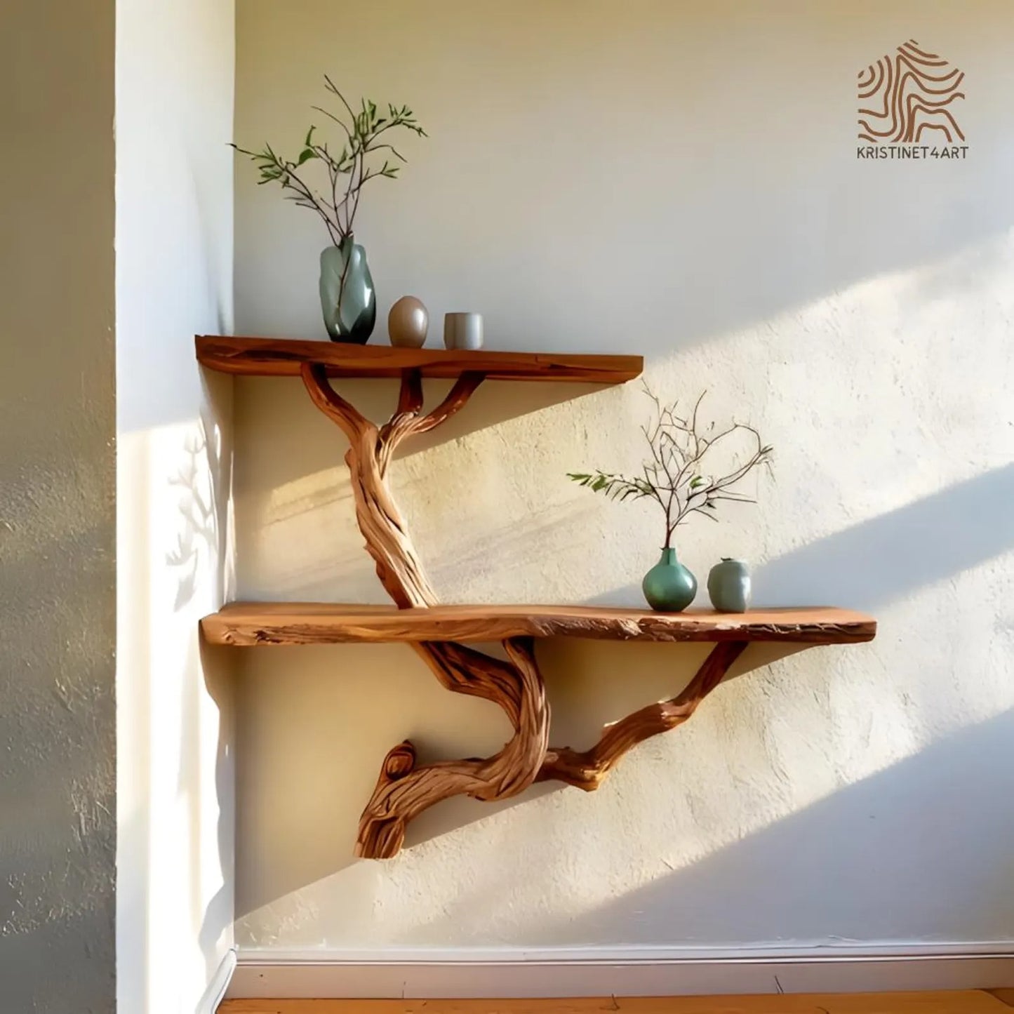 Custom Size Rustic Tree Branch Wall Shelf, Handmade Live Edge Wood Shelves