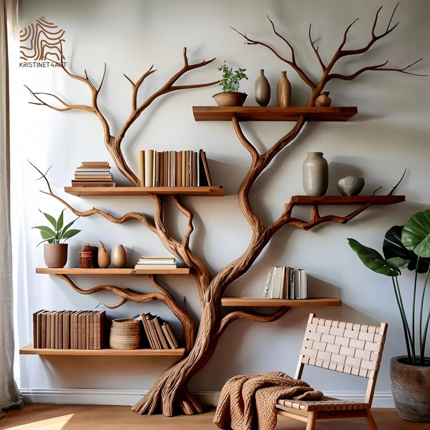 Custom size Driftwood Branch Tree Wall Bookshelf, Rustic Floating Shelf