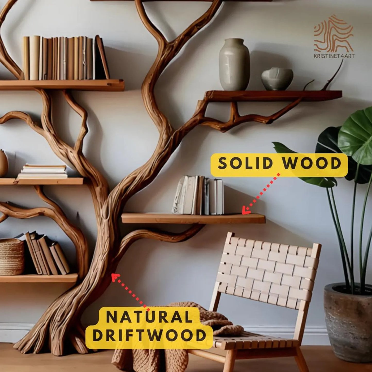 Custom size Driftwood Branch Tree Wall Bookshelf, Rustic Floating Shelf