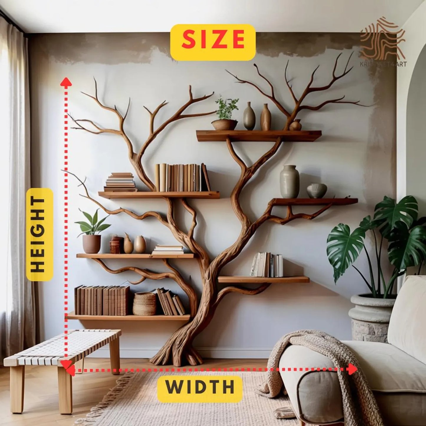 Custom size Driftwood Branch Tree Wall Bookshelf, Rustic Floating Shelf