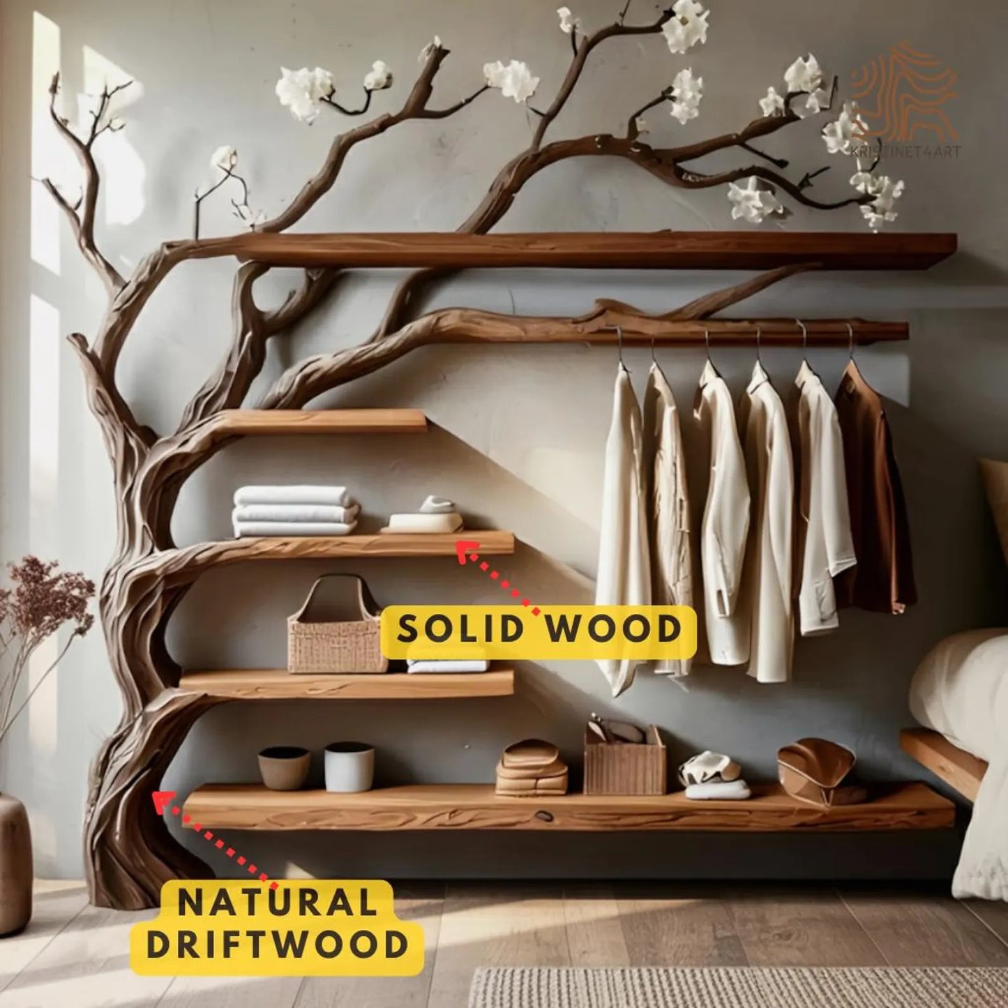 Custom size Tree Branch Wooden WallShelf with Hanging Rack