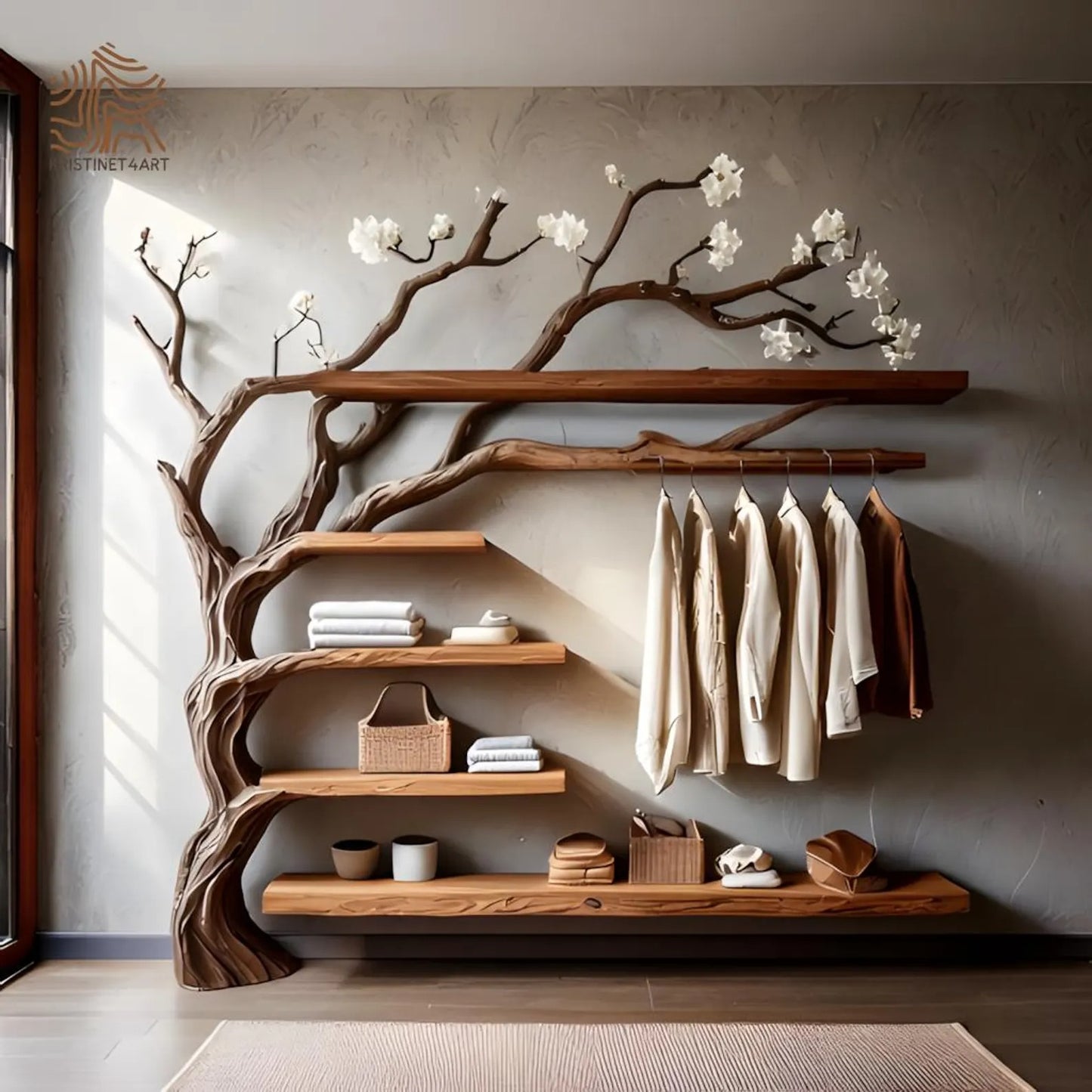Custom size Tree Branch Wooden WallShelf with Hanging Rack