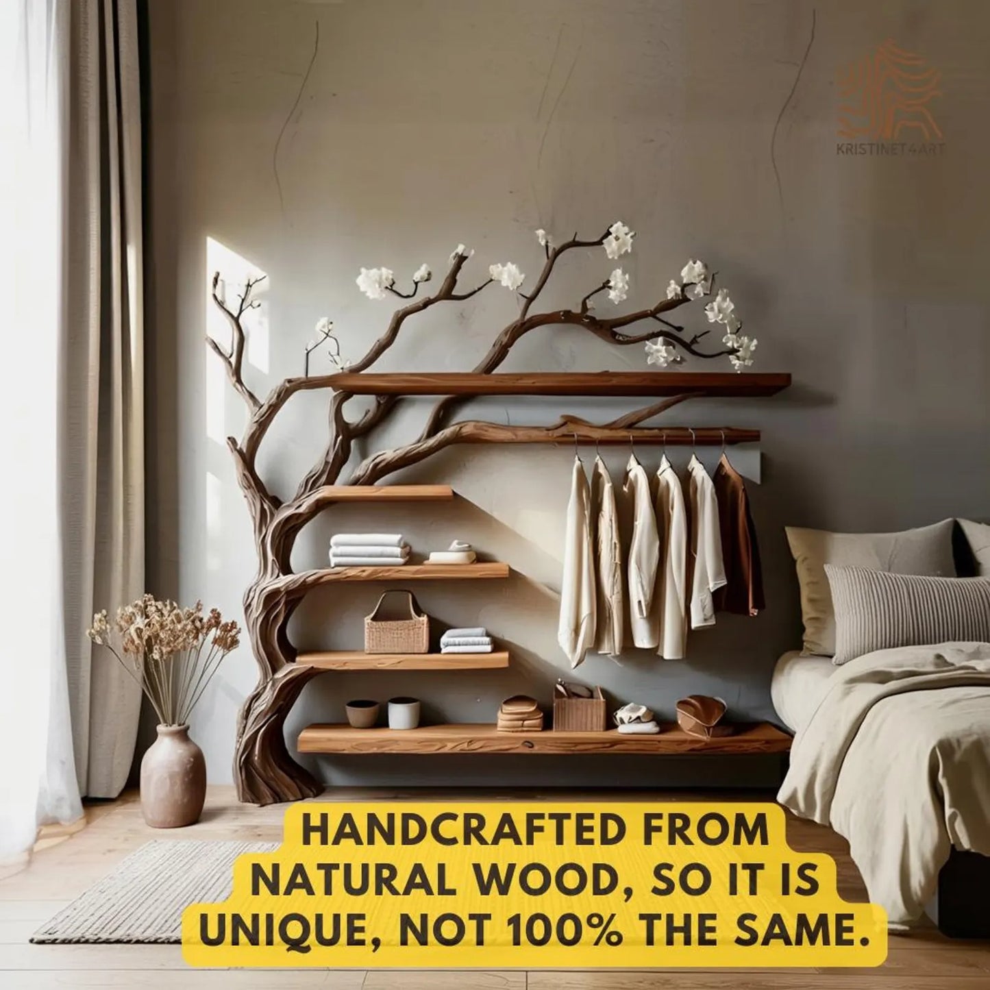 Custom size Tree Branch Wooden WallShelf with Hanging Rack