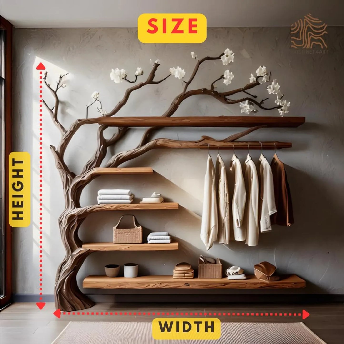 Custom size Tree Branch Wooden WallShelf with Hanging Rack