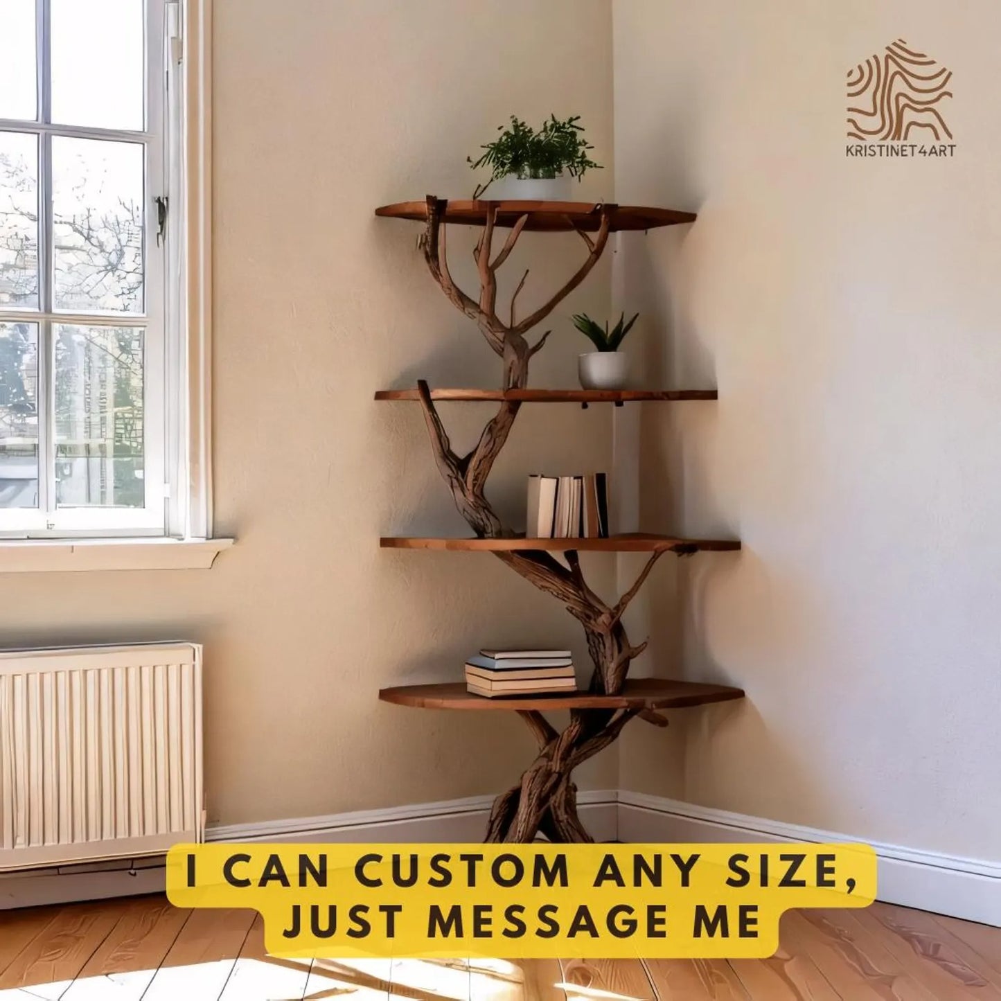 Custom size Corner Tree Branch Shelf, Handmade Rustic Wooden Corner Bookshelf