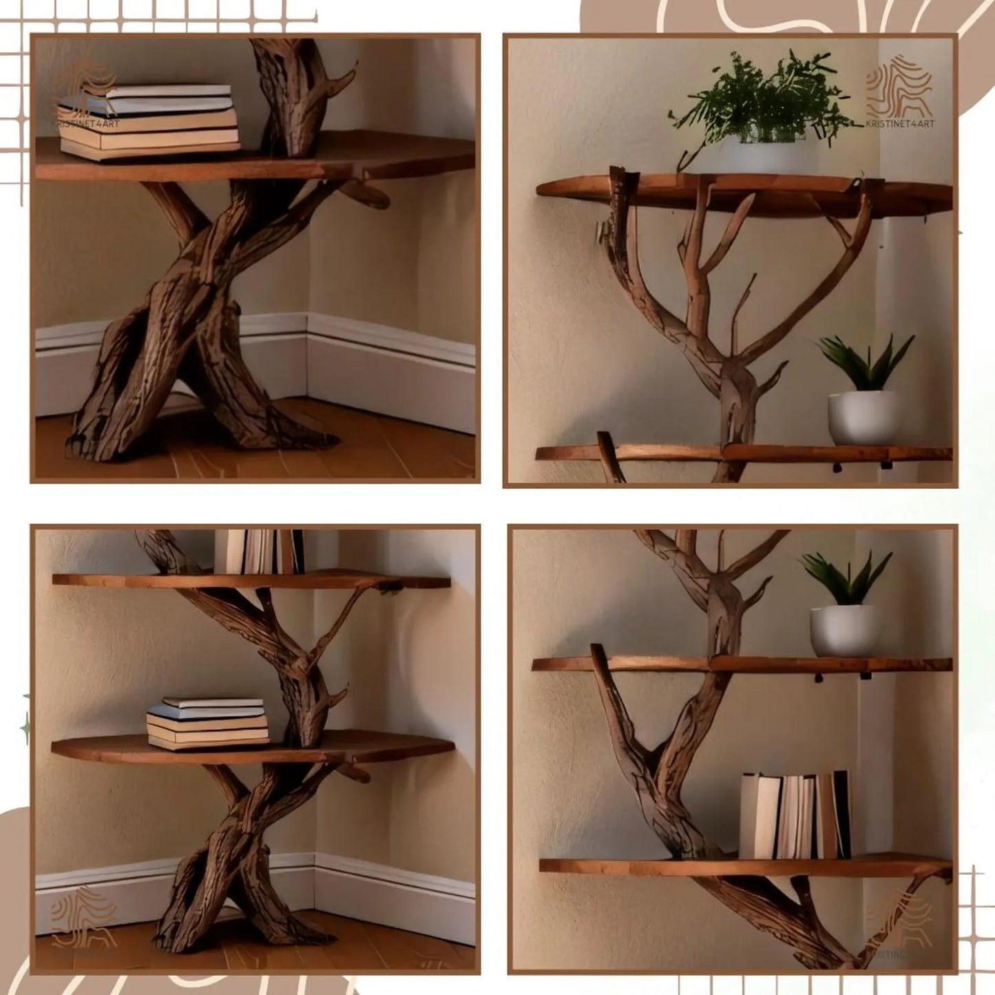 Custom size Corner Tree Branch Shelf, Handmade Rustic Wooden Corner Bookshelf