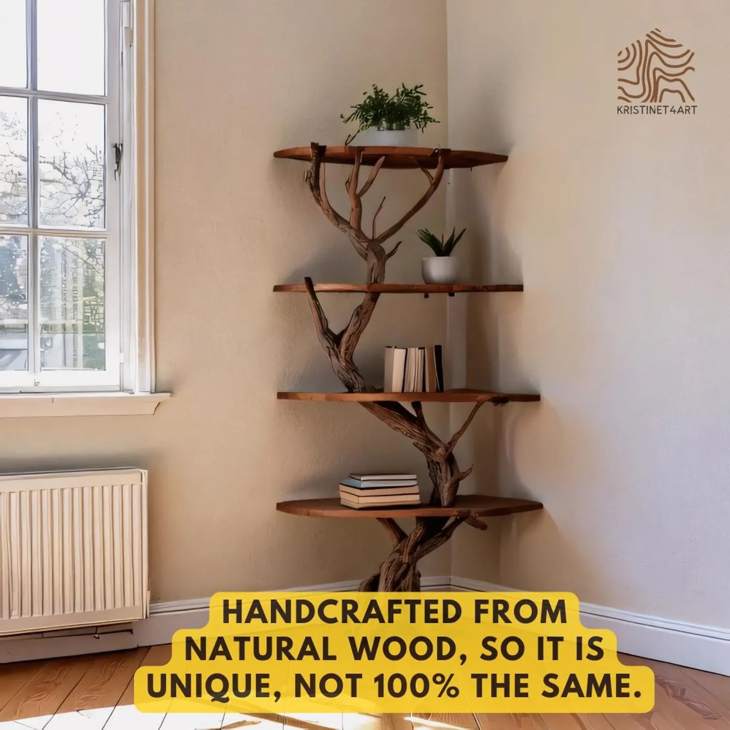 Custom size Corner Tree Branch Shelf, Handmade Rustic Wooden Corner Bookshelf