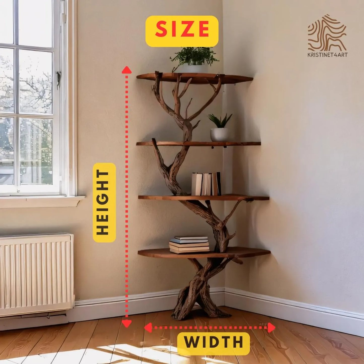 Custom size Corner Tree Branch Shelf, Handmade Rustic Wooden Corner Bookshelf