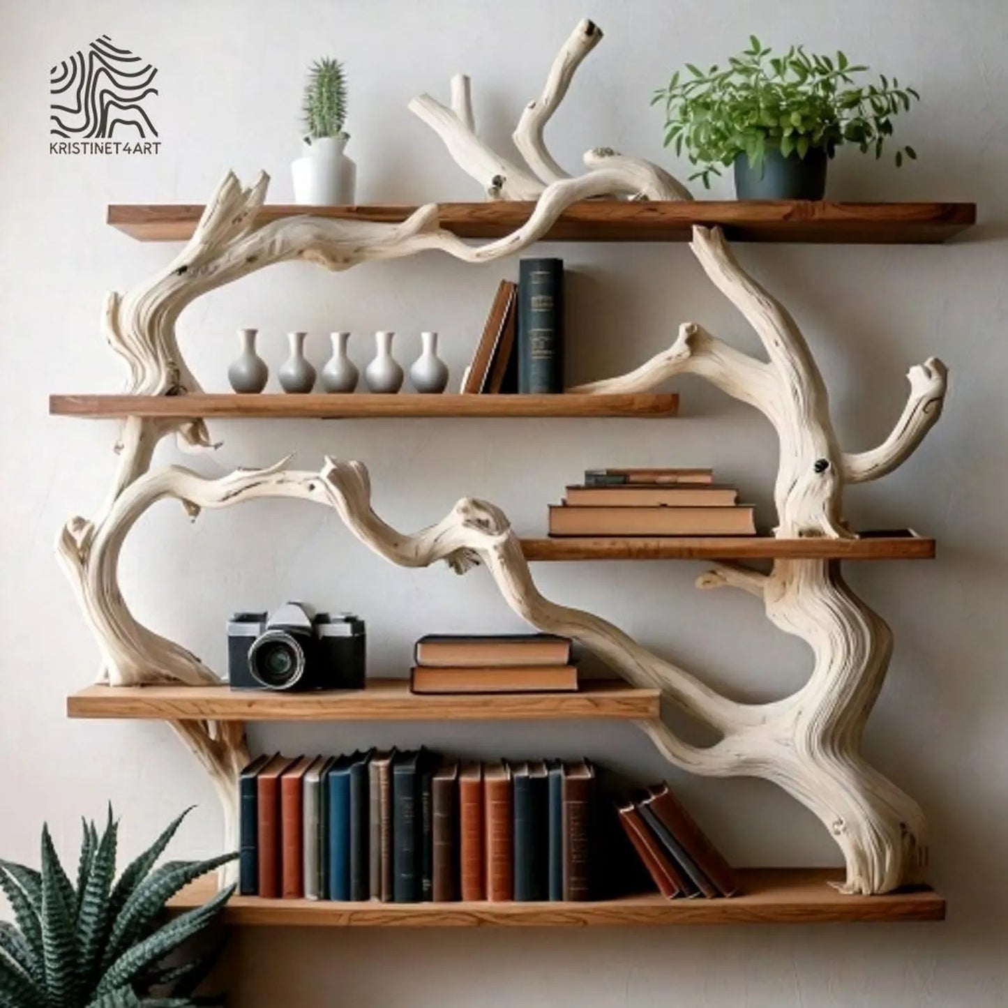 Handcrafted Driftwood Tree Live Edge Shelf, Natural Wooden Shelving Unit